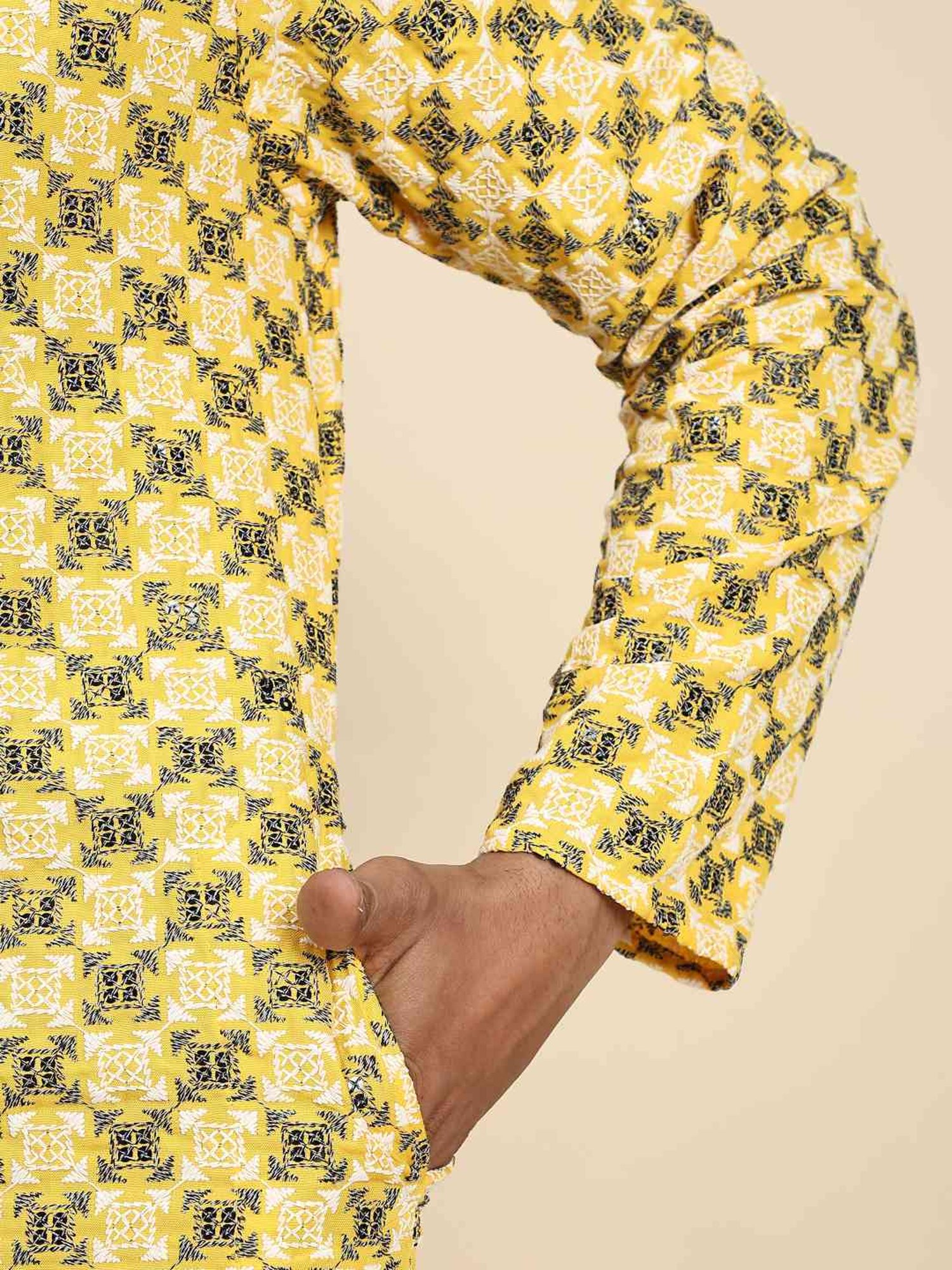 Pro-Ethic Style Developer Yellow & White Cotton Regular Fit Embellished Kurta Bottom Set