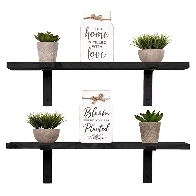 Rustic Wood Floating Shelves Wall Mounted Storage Shelf with L Brackets USA Handmade| Set of 2 Black 24 x 55