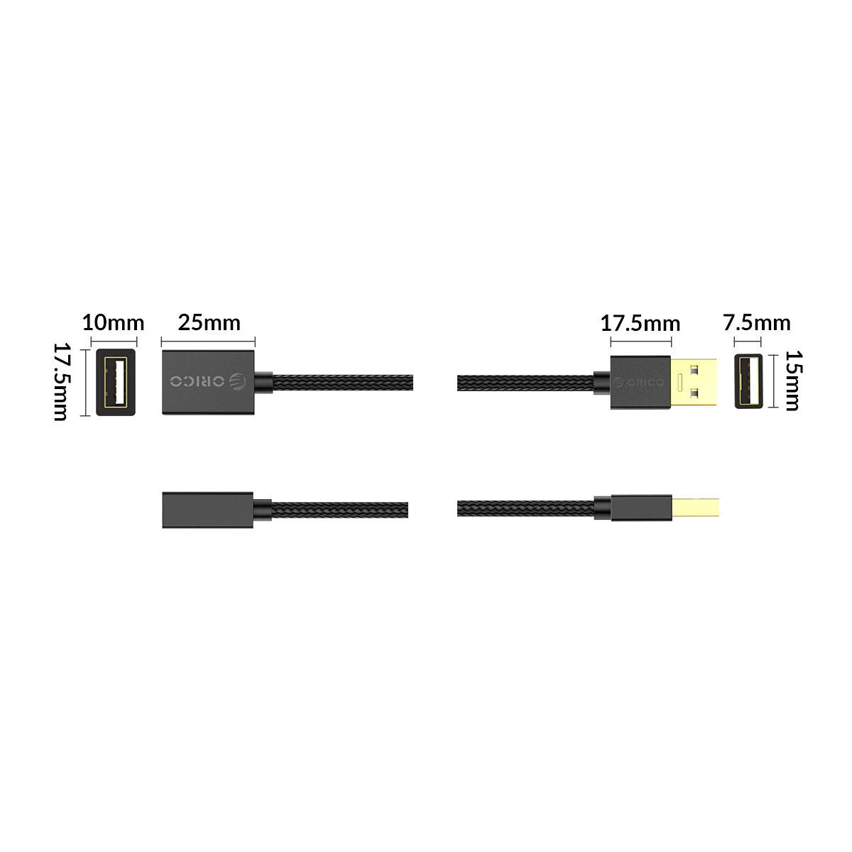 ORICO USB2.0 to USB 2.0 Male to Female Extension Cable - Black /Silver with Gold Plated Connectors 1.64ft-10ft 0.5m to 3m