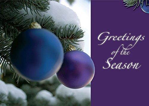 Holiday Greeting Cards - H7043. Greeting Cards with an Image of a Holiday Ornaments on Snowy Branches. Box Set Has 25 Greeting Cards and 26 White with Silver Foil Lined Envelopes.