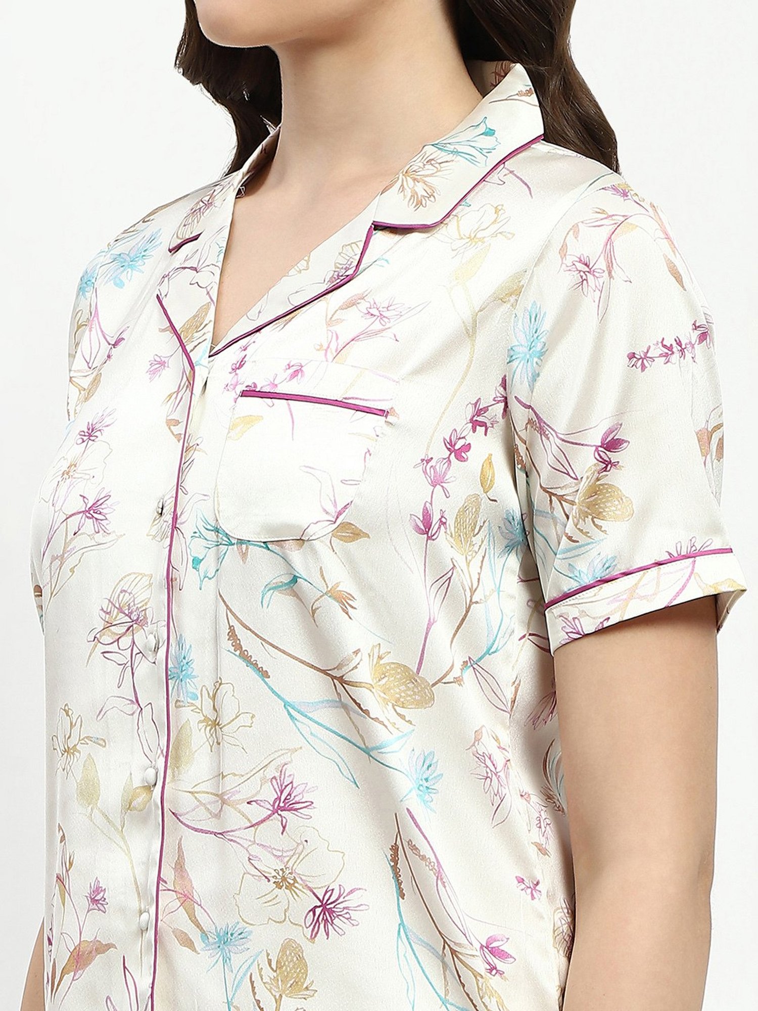 MADAME M Secret Off White Floral Print Shirt With Pyjamas