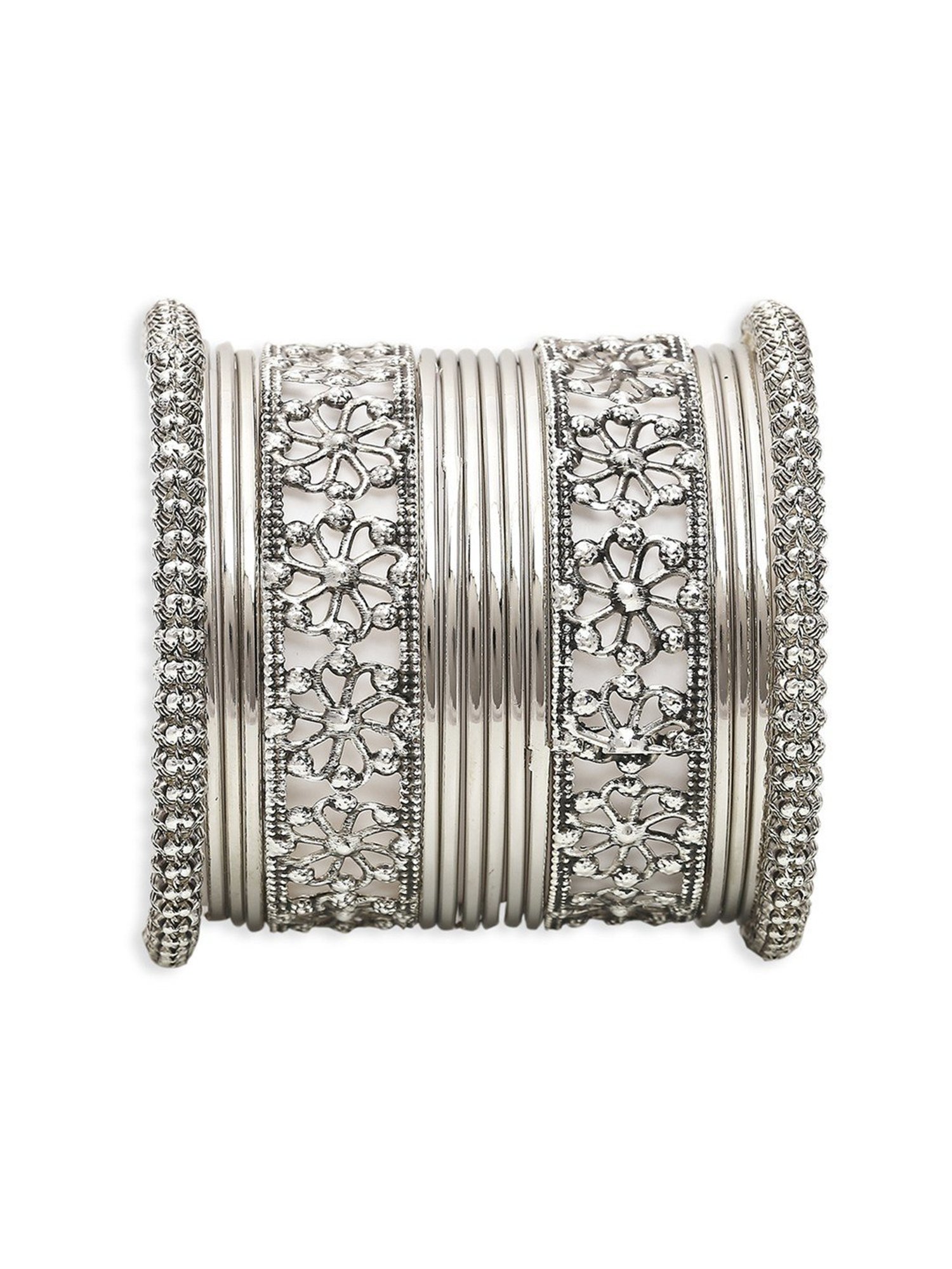 Oomph Oxidized Silver Floral Design Classic Bangles - Set of 16