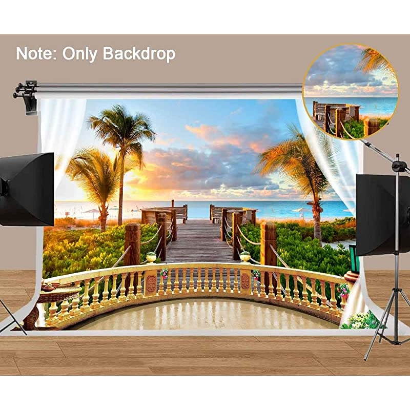 Seaside Scenery Backdrop Wooden Bridge Railing Plant Sunset Sea Background Wedding Photography Ocean Theme Party Studio Props Background 10x7ft HUIMT072