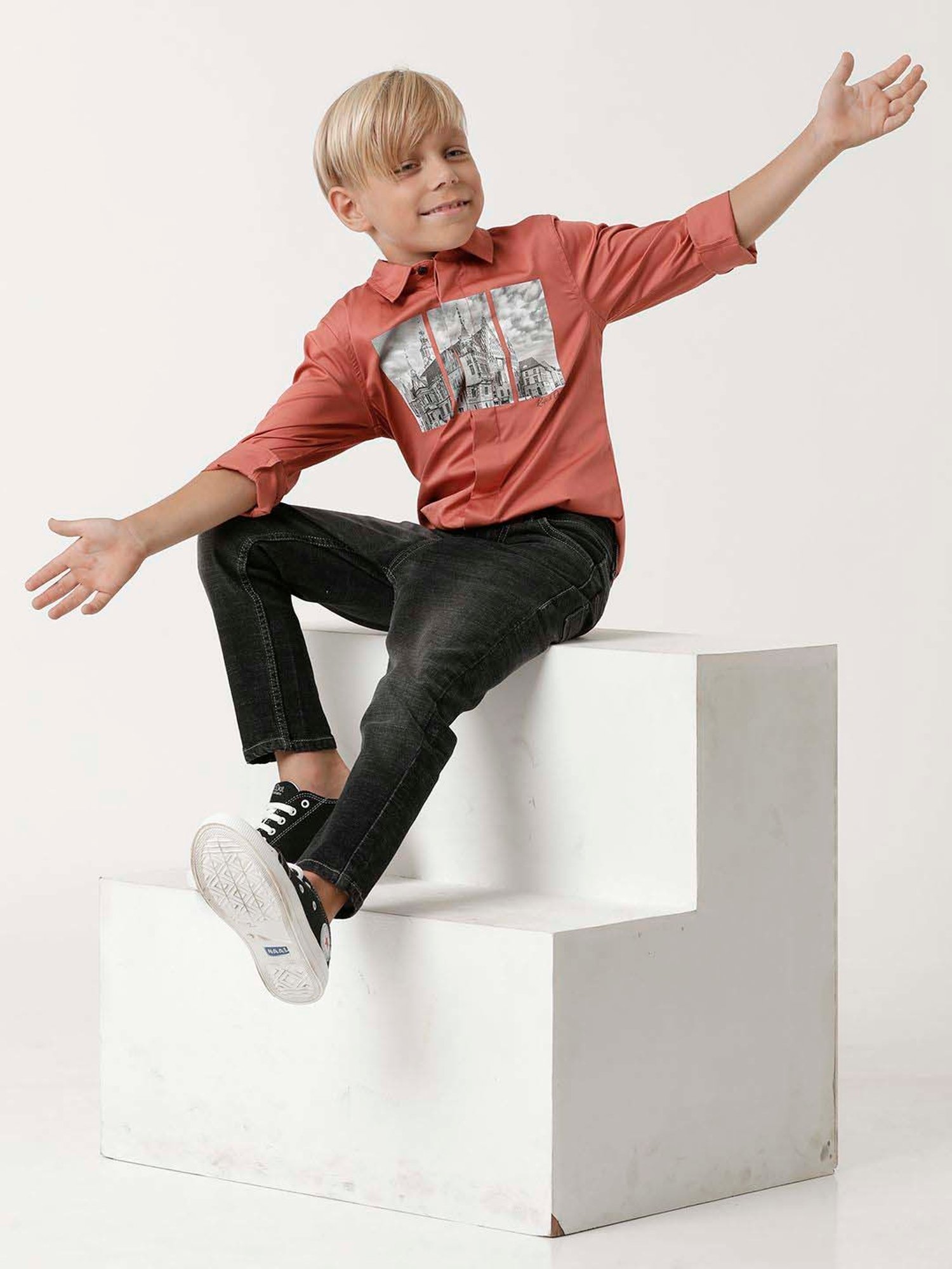 Kate & Oscar Kids Rust Printed Full Sleeves Shirt