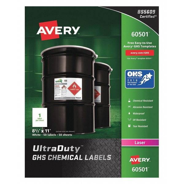 AVERY 60501 8-1/2" x 11" GHS Chemical Labels for Laser Printers, 50