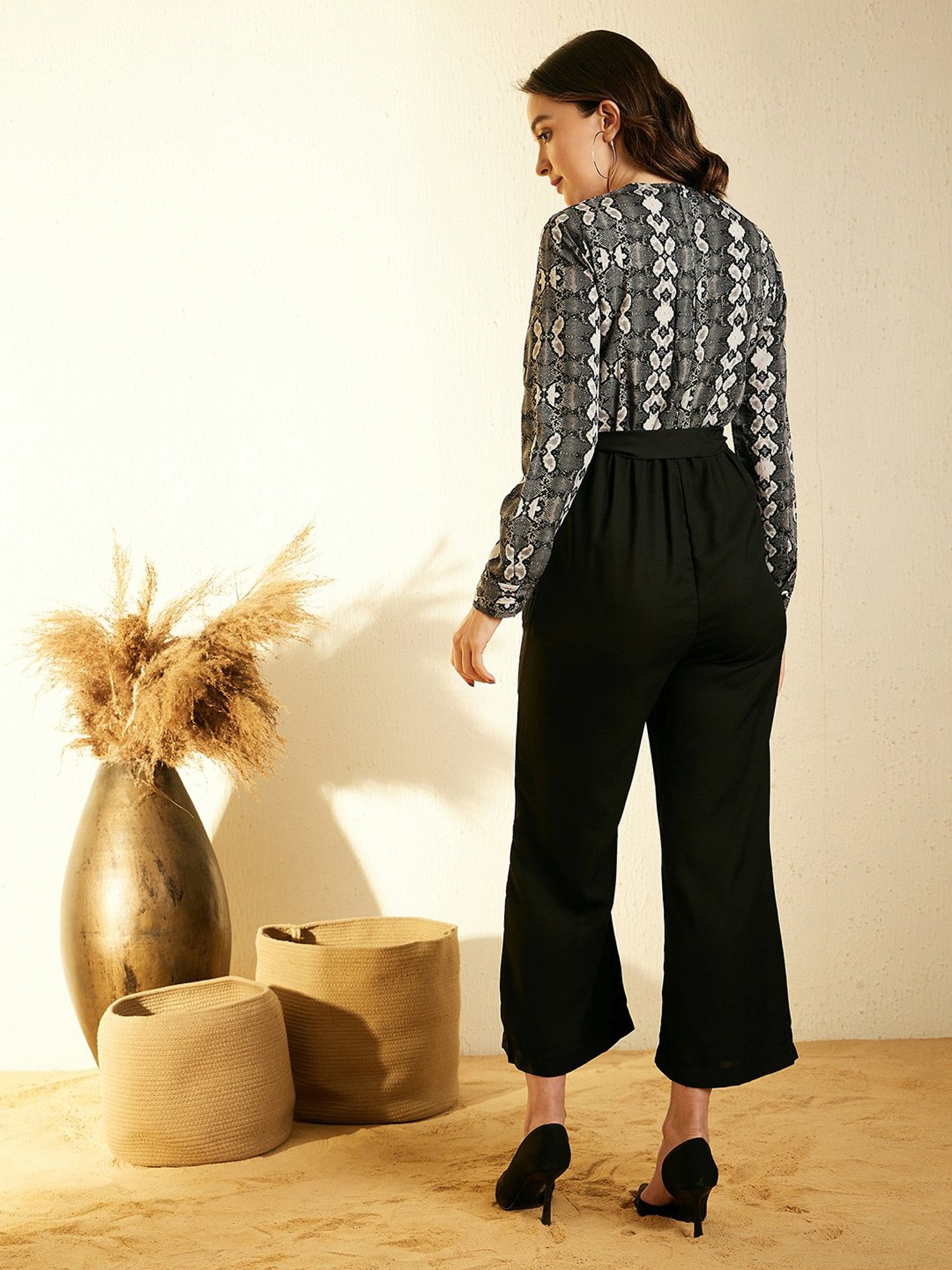 StyleStone Grey & Black Print Jumpsuit