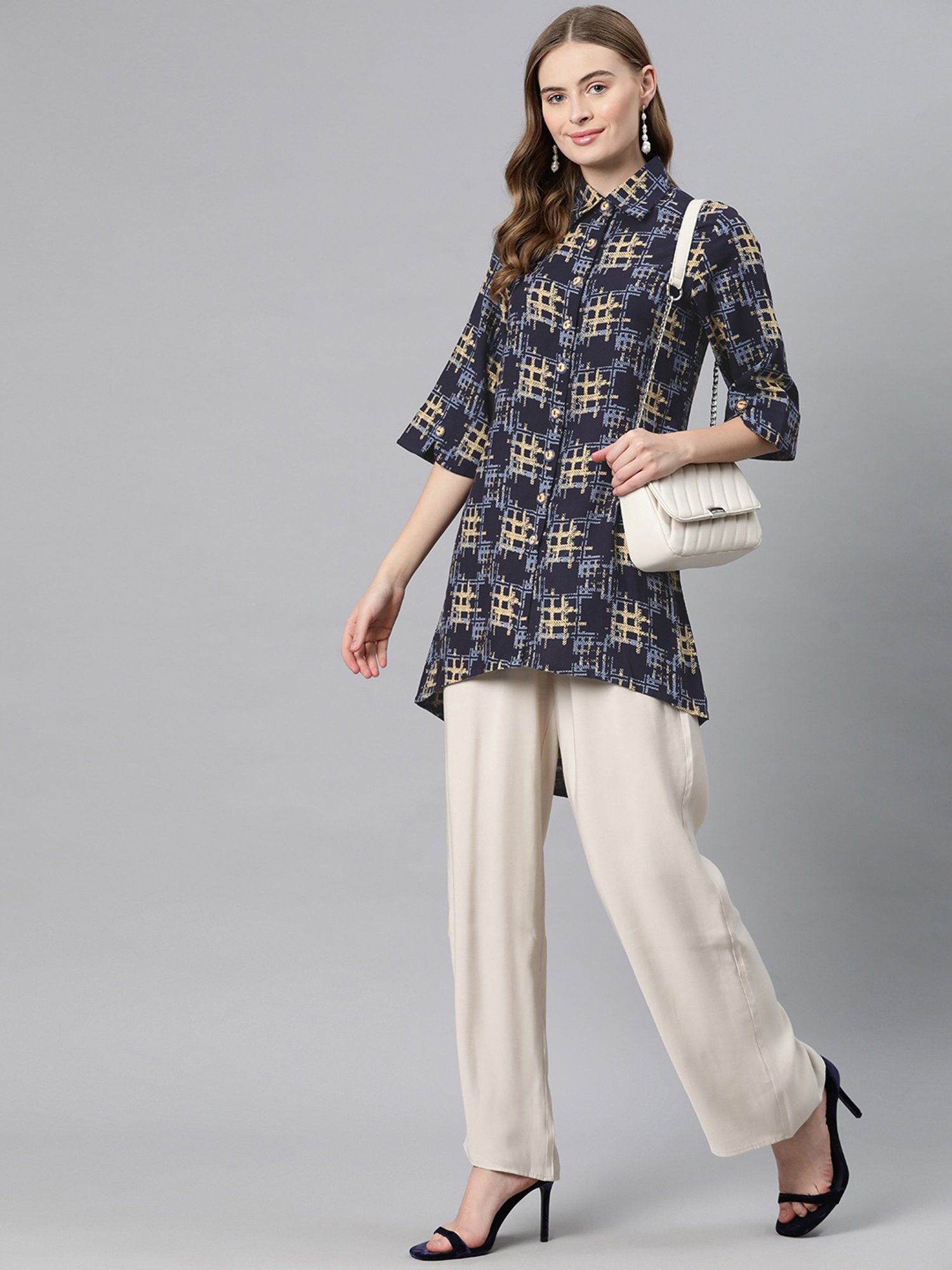 Cottinfab Navy Printed Top