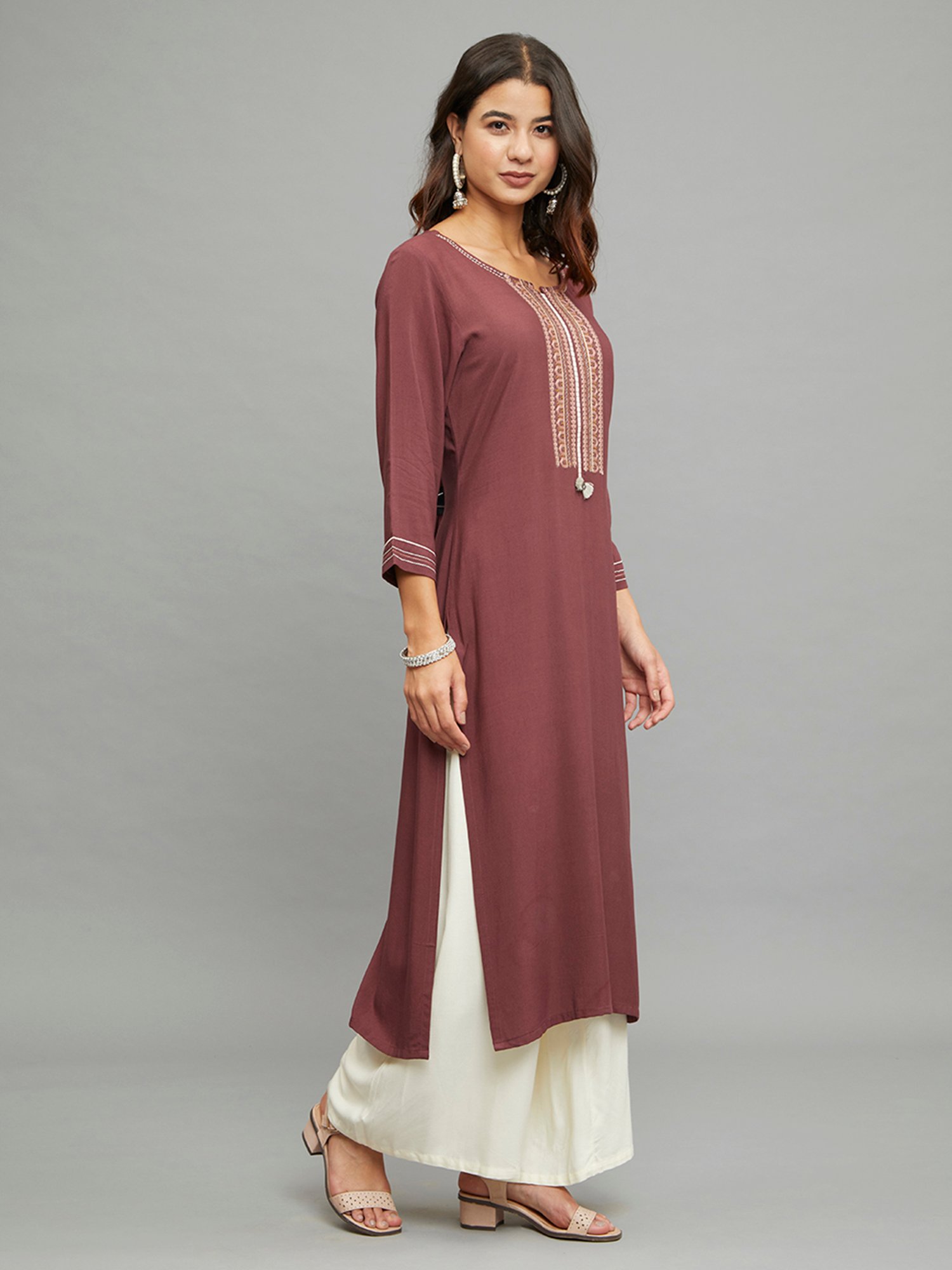 paislei Light Brown Embroidered A Line Kurta
