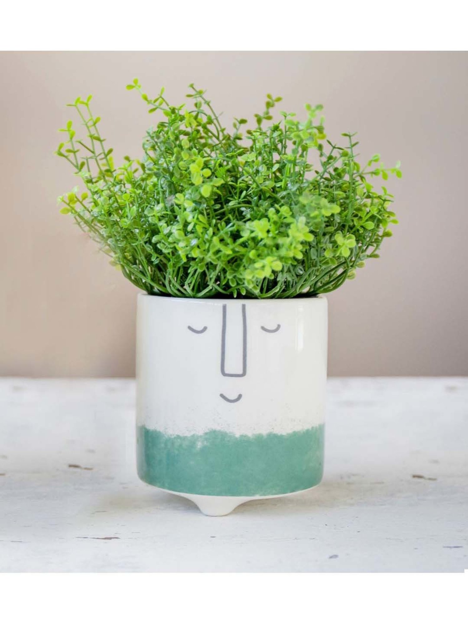 KitchenCraft White & Blue Ceramic Mini Planter Pot With Happy Face Design