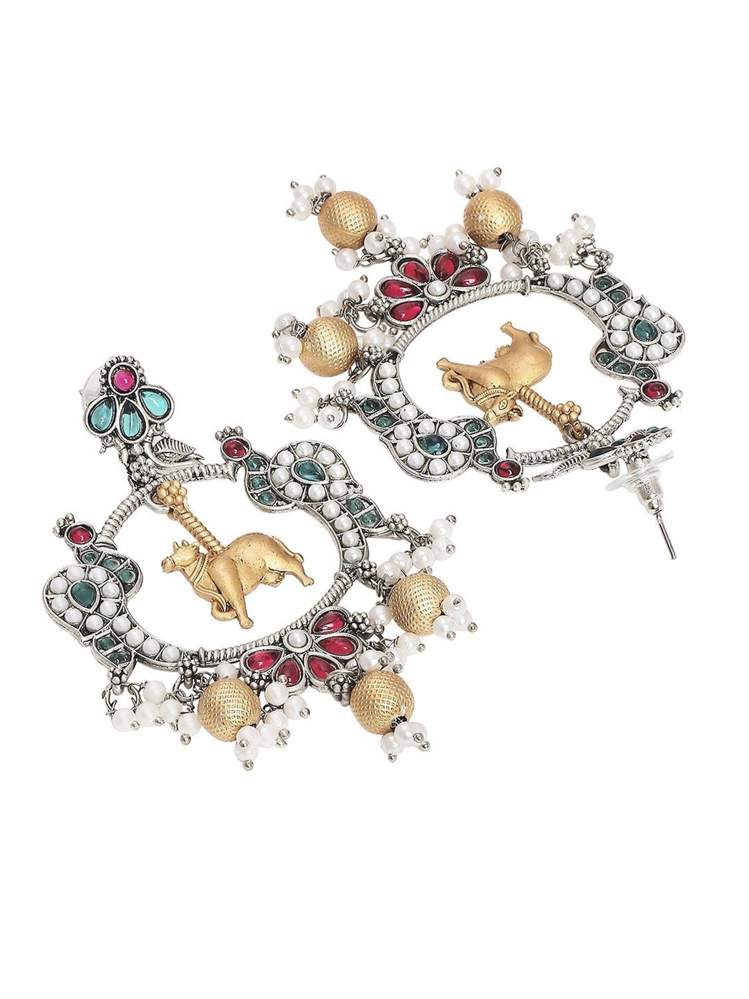 OOMPH Oxidised Silver Ethnic Nandi Cow and Peacock Design Jadau Style Dangler Earrings