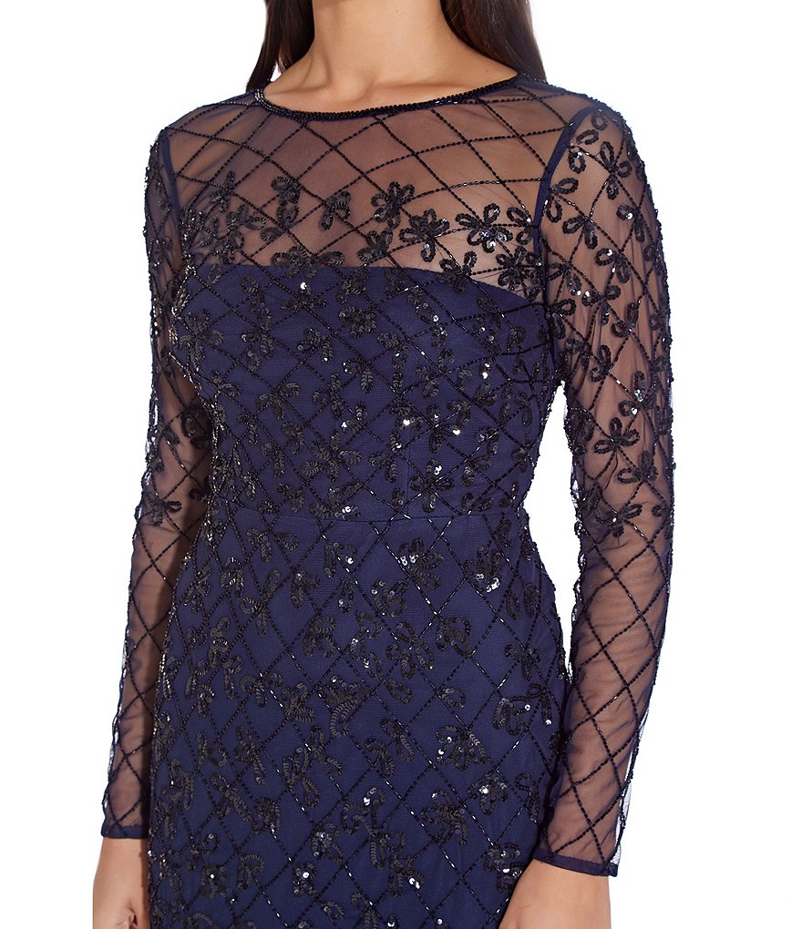 Adrianna Papell Round Neck Long Sleeve Beaded Sheath Dress
