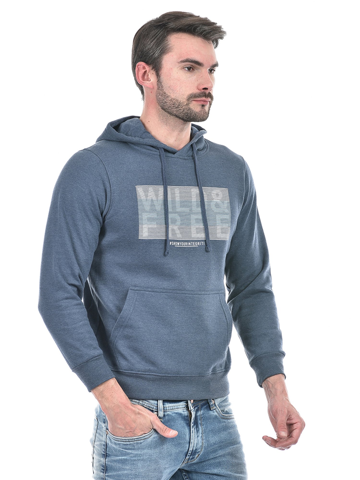 Integriti Denim Blue Regular Fit Graphic Print Hooded Sweatshirt