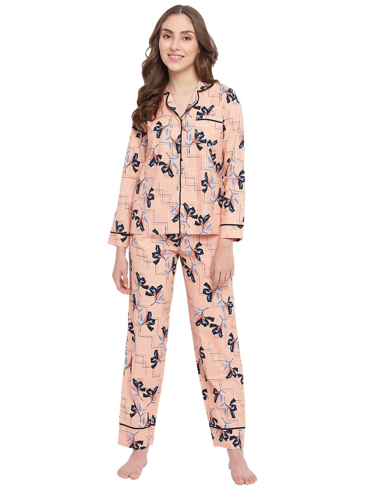 La Intimo Peach Printed Shirt With Pyjamas