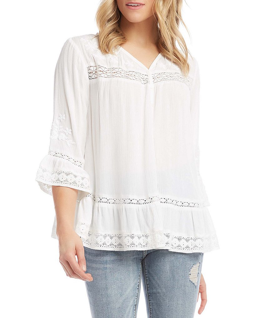 Karen Kane Embroidered V-Neck Lace Inset Flare Sleeve Top