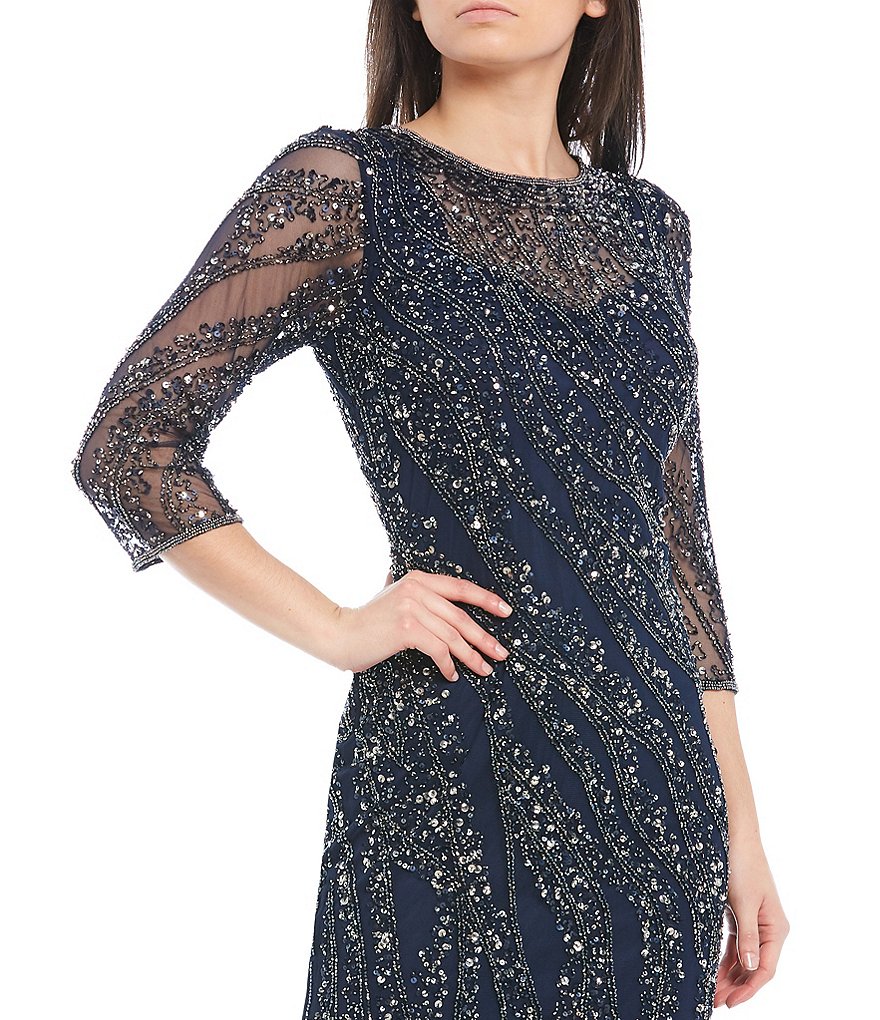 Pisarro Nights 3/4 Sleeve Illusion Yoke Beaded Mesh Gown