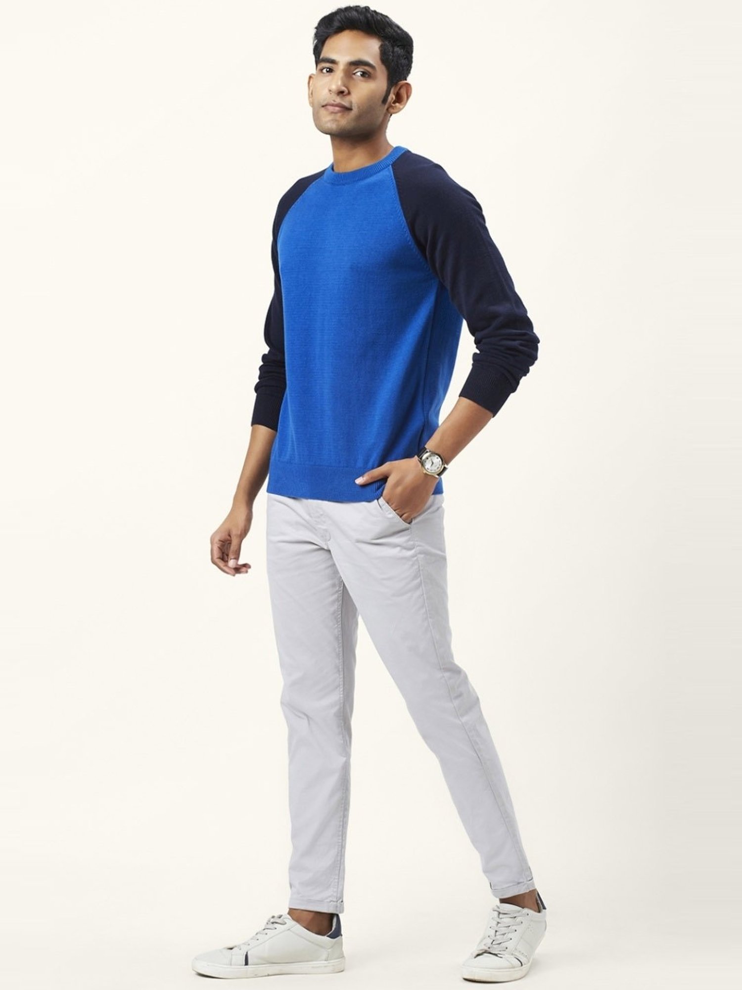 Byford By Pantaloons Blue Regular Fit Colour Block Sweaters
