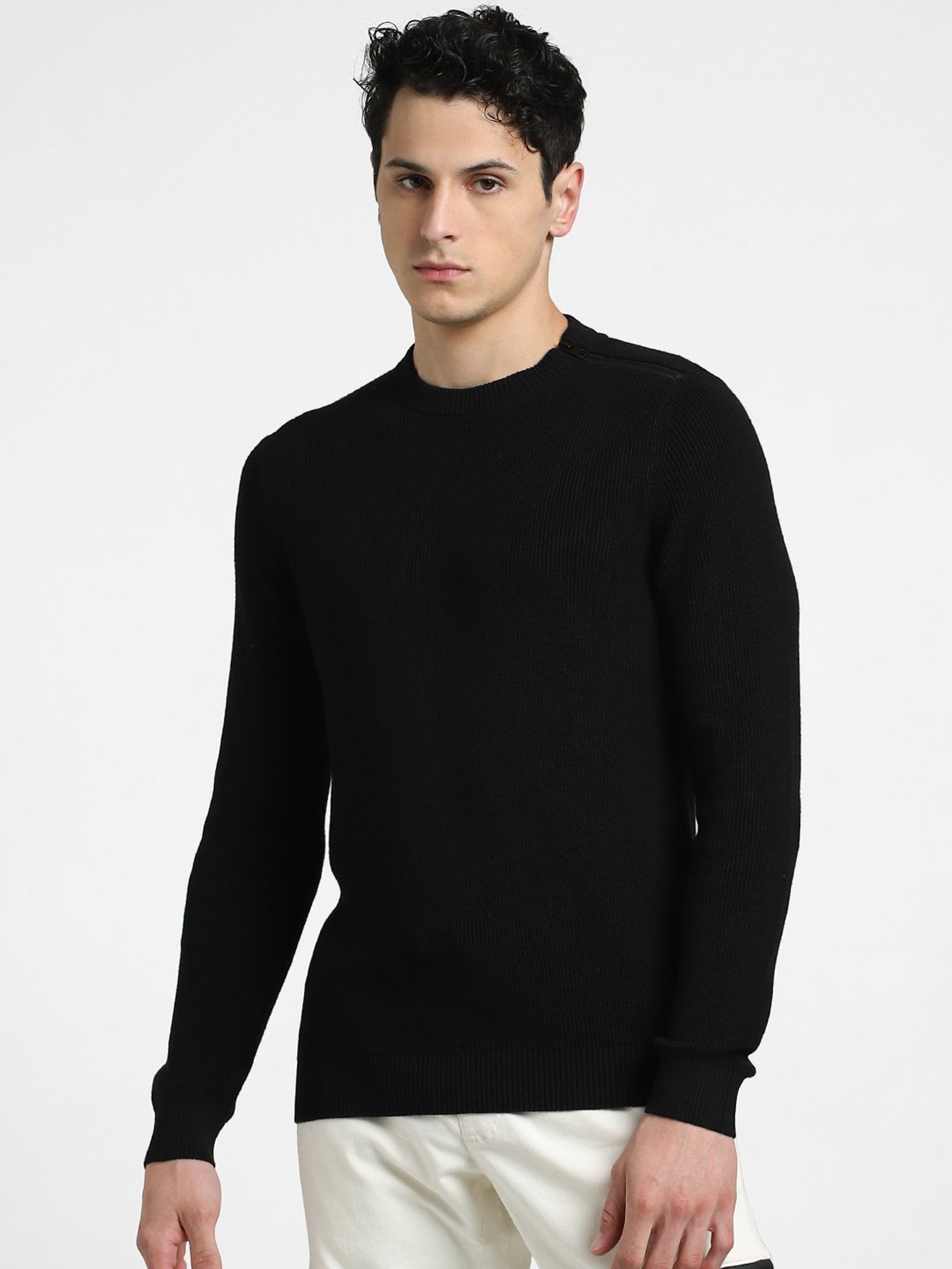 Jack & Jones Black Slim Fit Textured Cotton Sweater