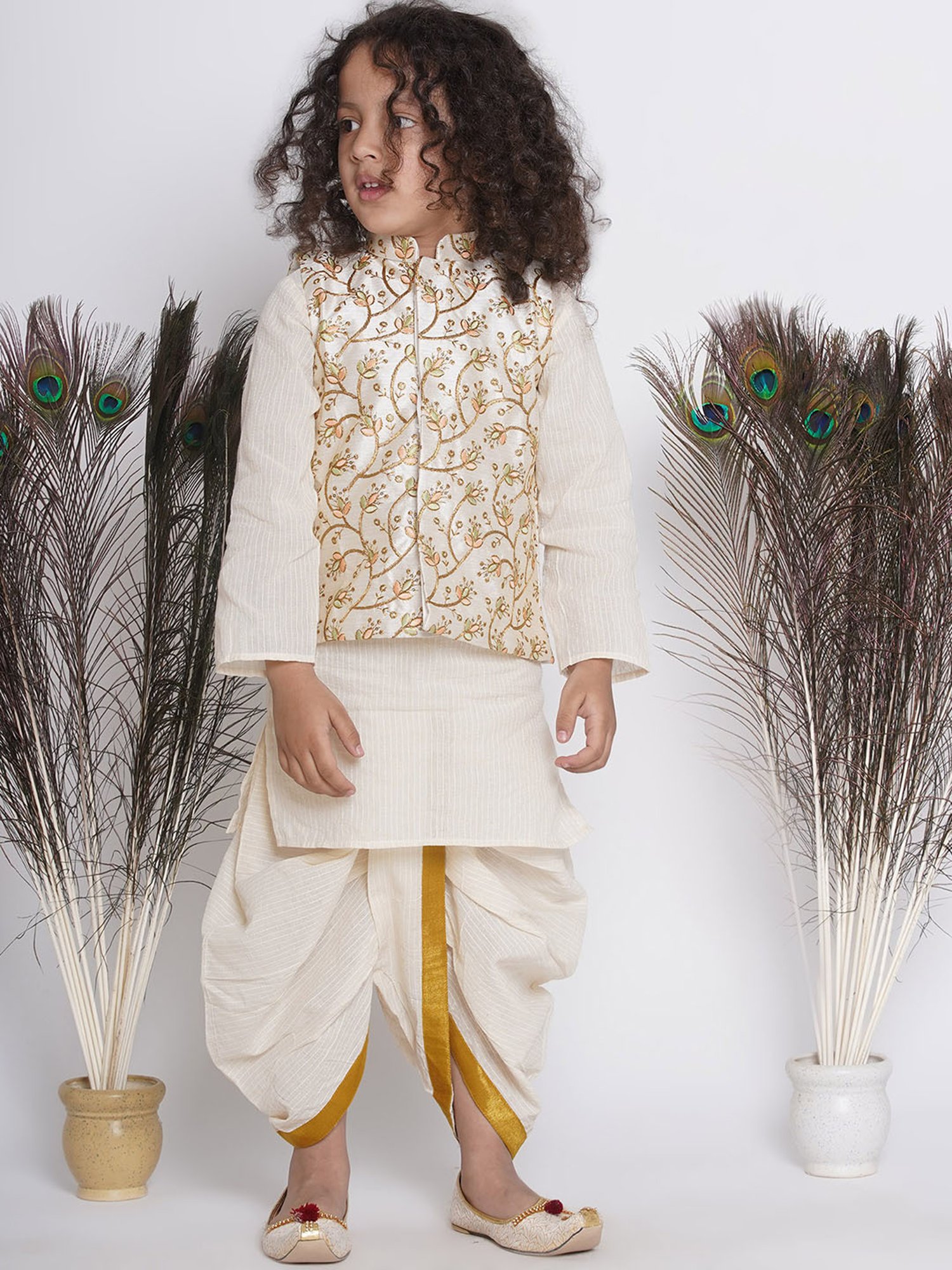 Little Bansi Kids Cream Embroidered Full Sleeves Kurta , Jacket with Dhoti