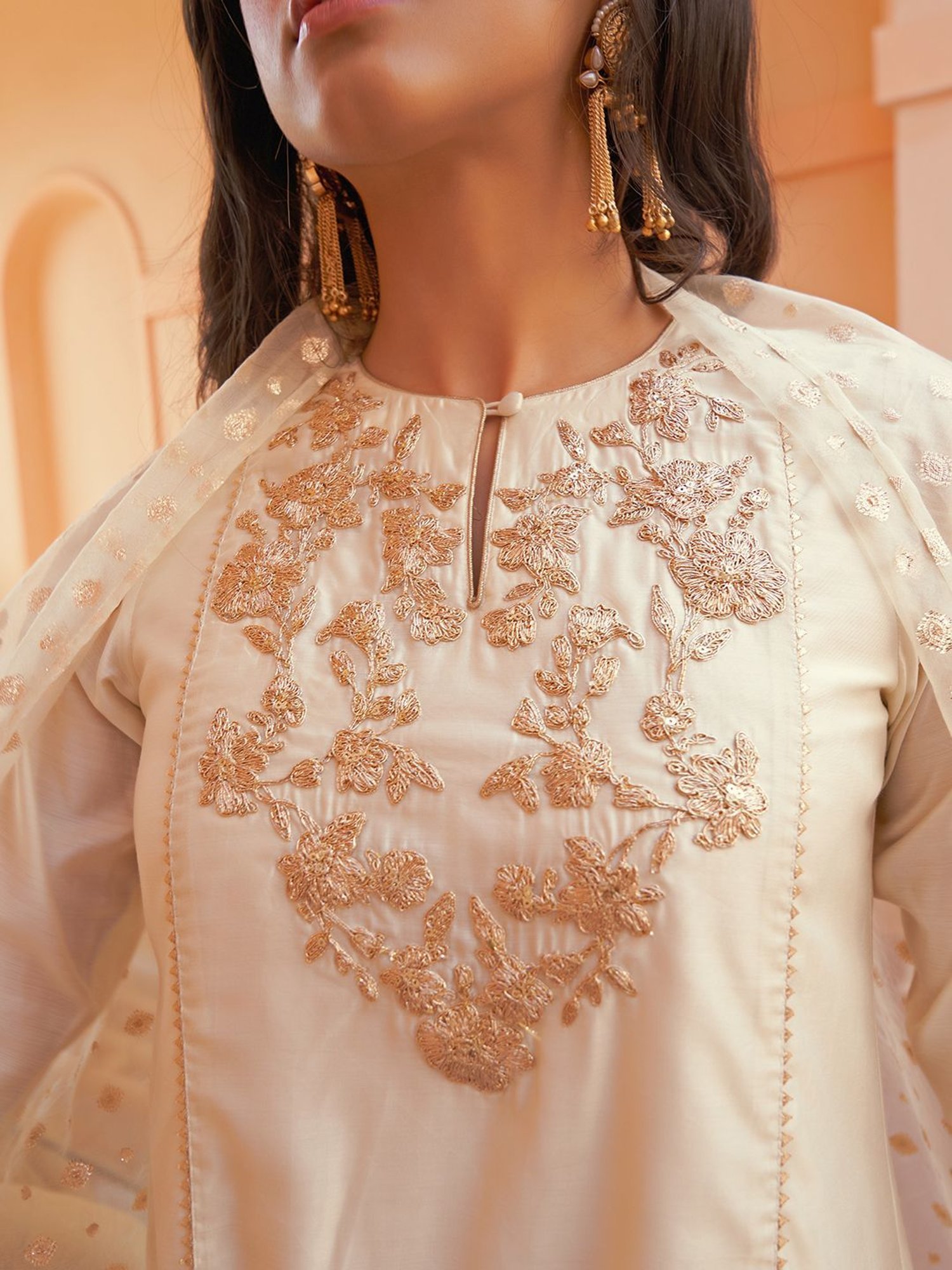Janasya Off-White Embroidered Kurta Palazzo Set With Dupatta