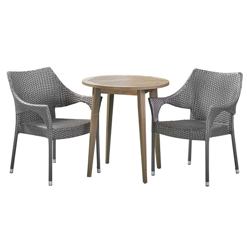 Louisa 3pc Acacia & Wicker Bistro Set - Gray - Christopher Knight Home