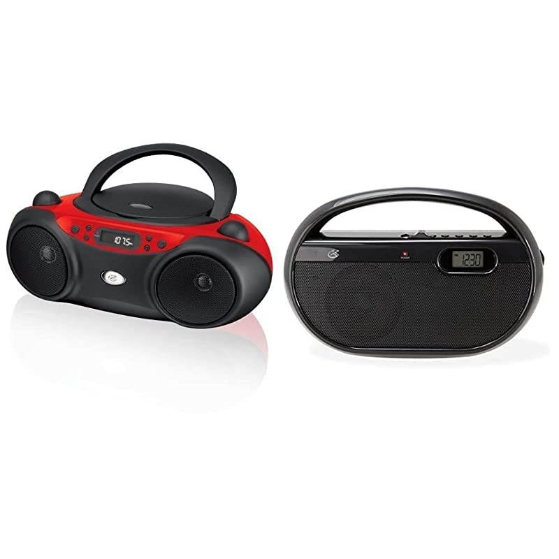 Inc. Portable Top-Loading CD Boombox with AM/FM Radio and 3.5mm Line in for MP3 Device - Red/Black Bundle with , Inc. R602B Portable AM/FM Radio with Digital Clock and Line Input (Black)