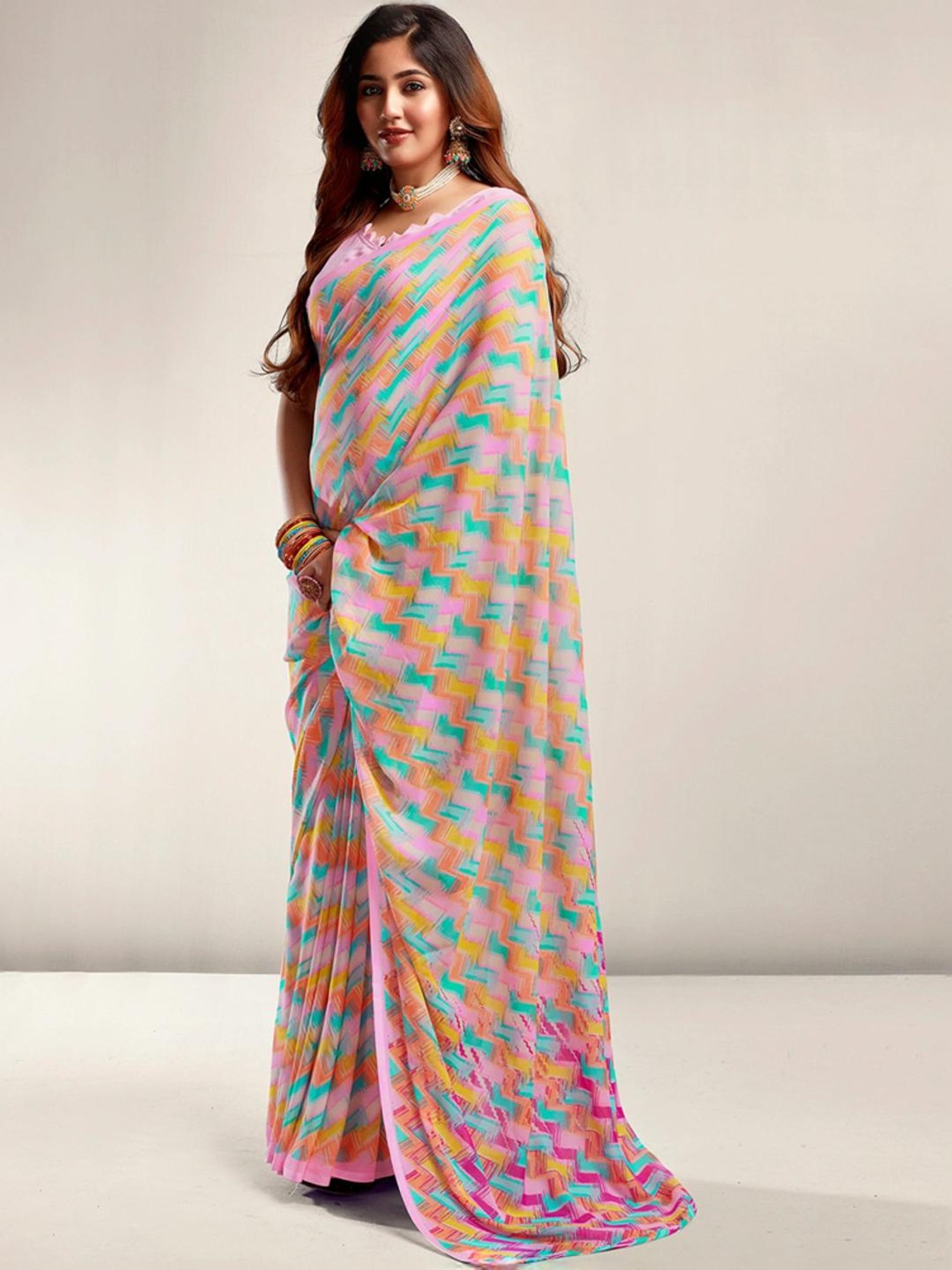 Satrani Multicolored Printed Saree With Unstitched Blouse