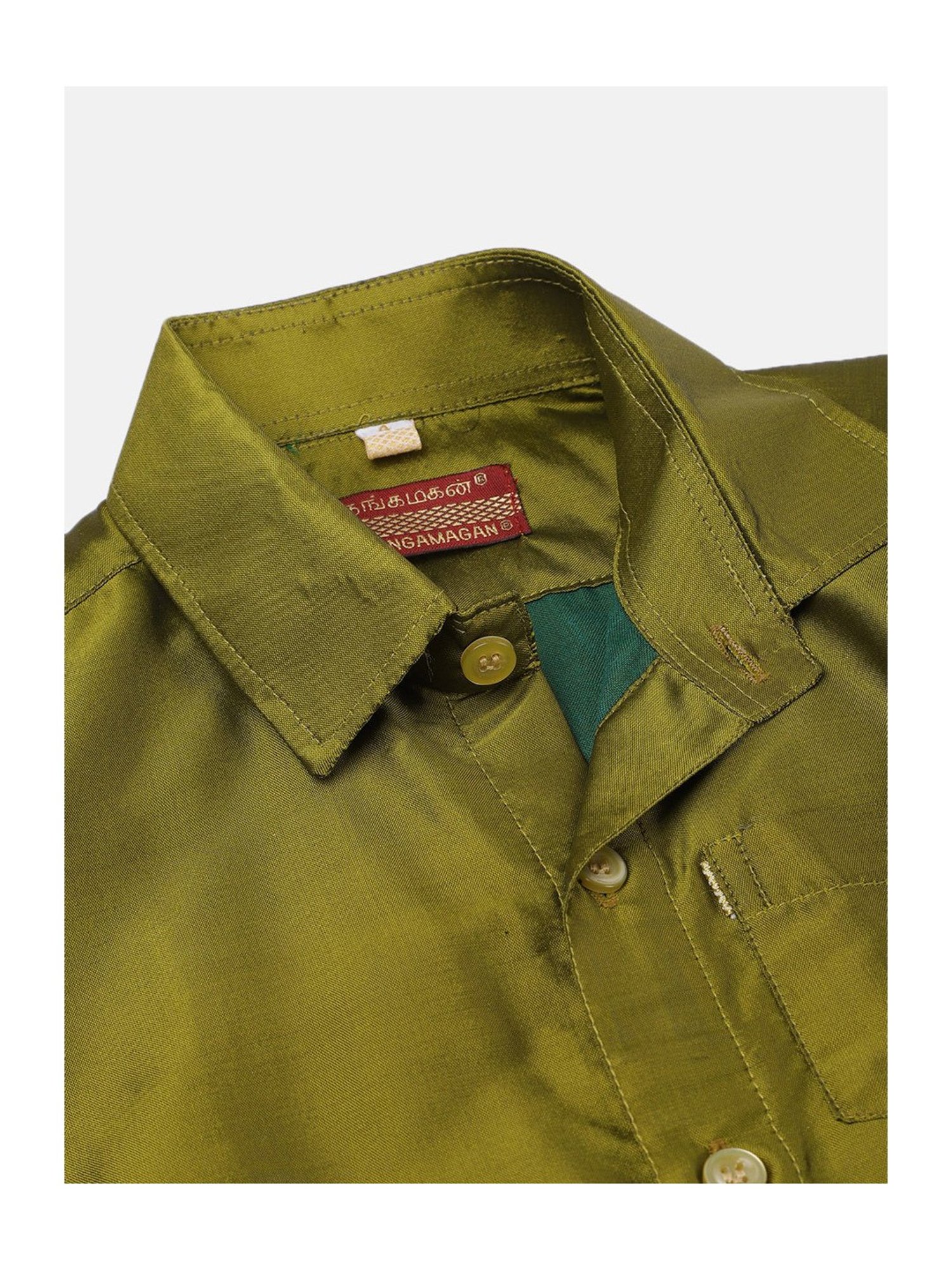 THANGAMAGAN Kids Olive & Cream Solid  Shirt,  Dhoti,  Towel With  Freebies Set