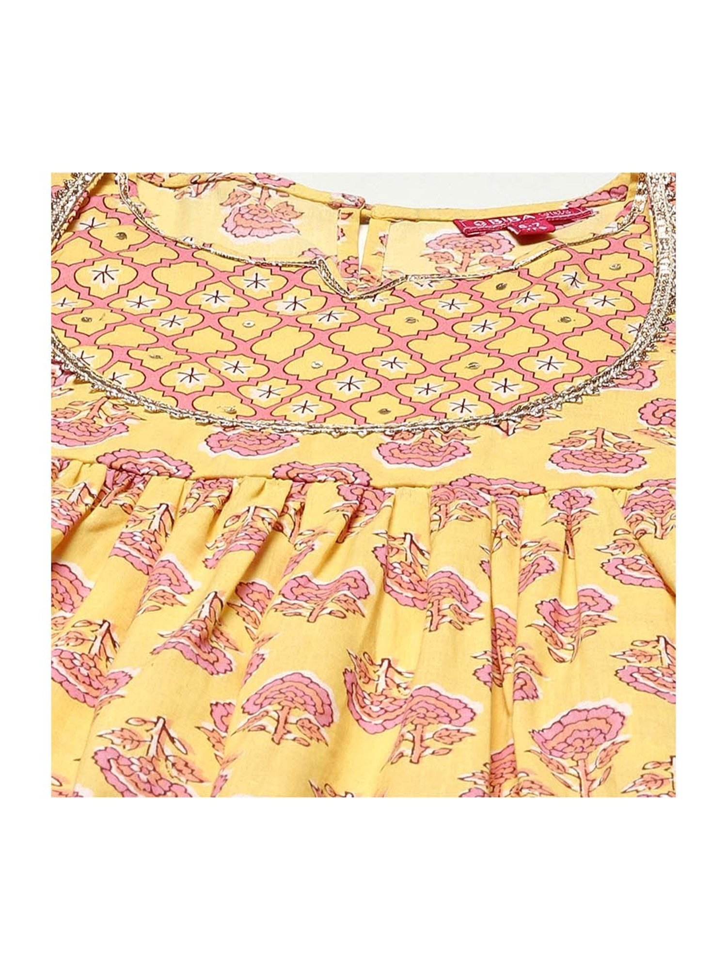 BIBA Girls Yellow & Pink Printed Kurta Set