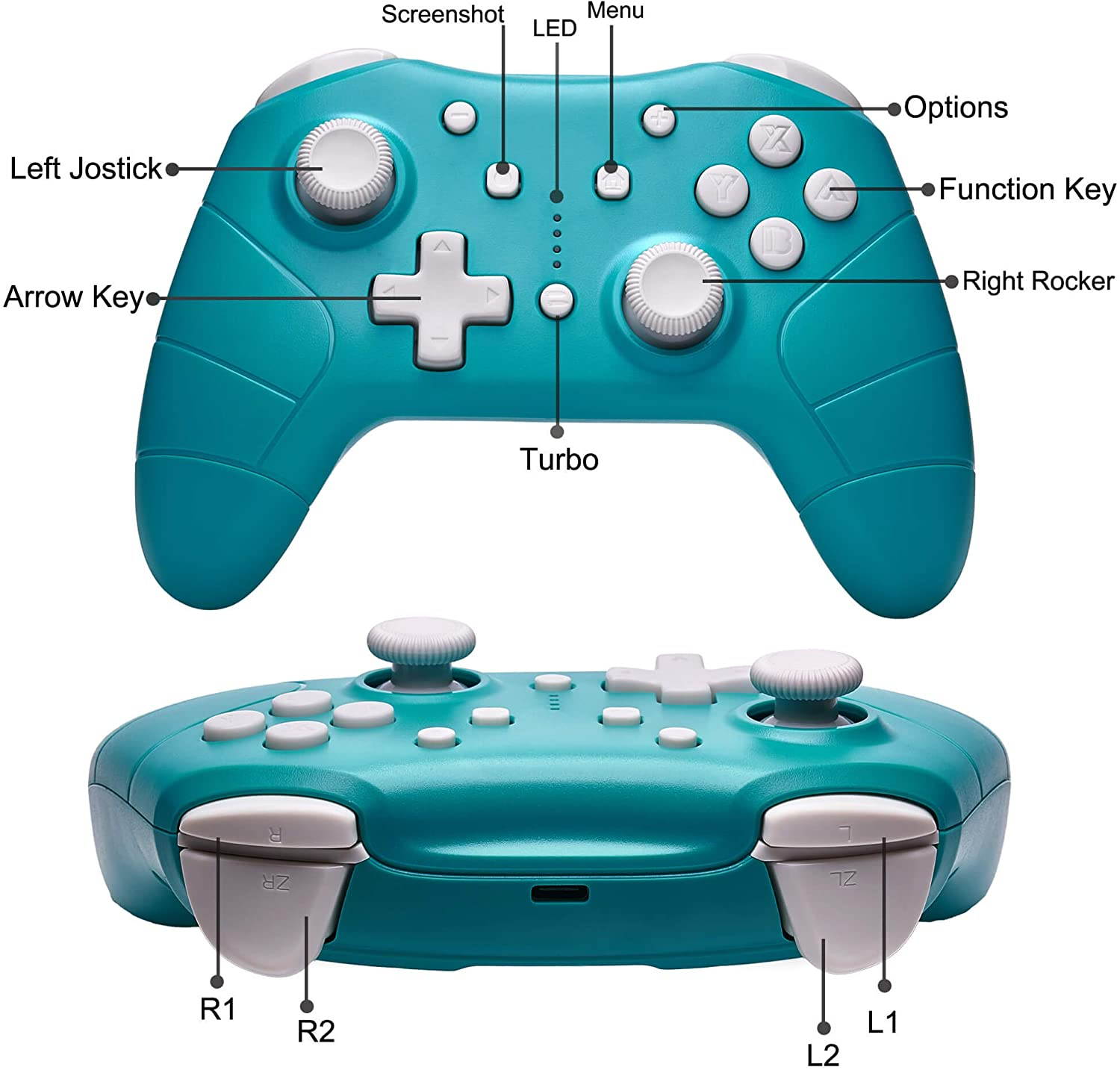 Wireless Pro Controller for Nintendo Switch/Switch Lite Console,Rechargeable Remote Gamepad Support Adjustable Turbo,Screenshot and Gyro Axis - Turquoise Blue