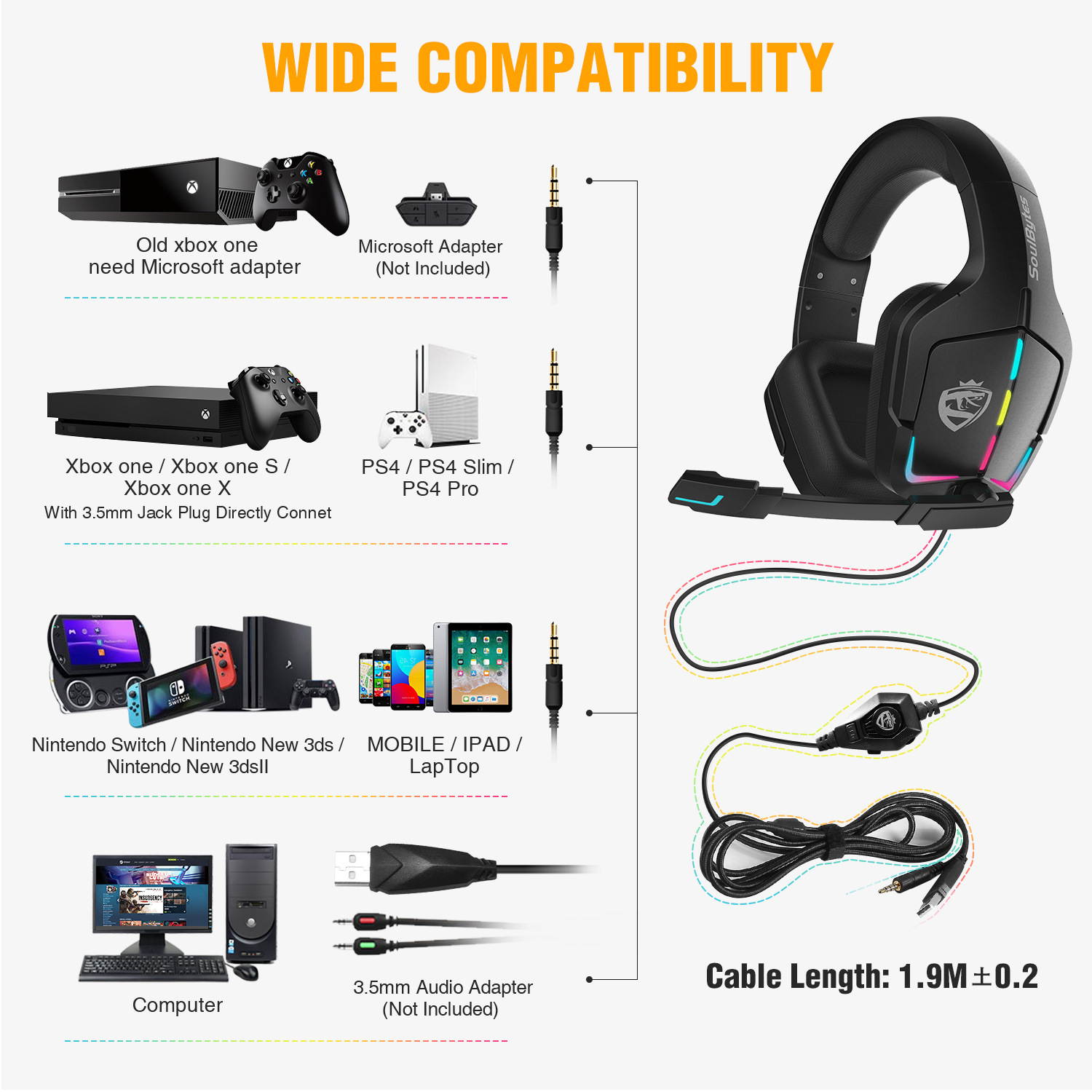 CORN soulbytes S12 Top Quality 50mm Drivers Wired Gaming Headphones, LED Light & Noise-canceling MIC, Breathable earmuffs, In-line Control