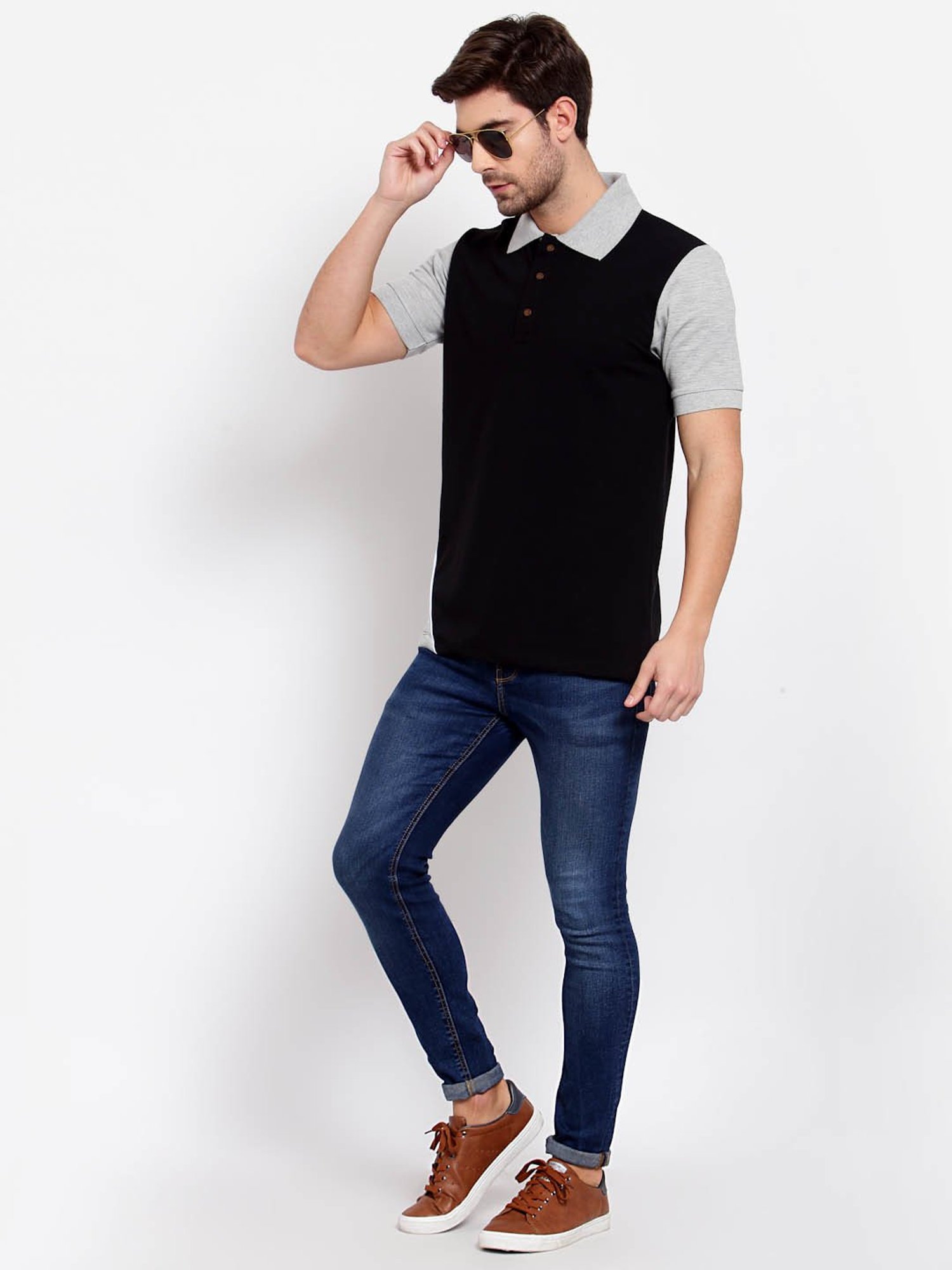 Kalt Black & Light Grey Regular Fit Colour-Block Polo T-Shirt