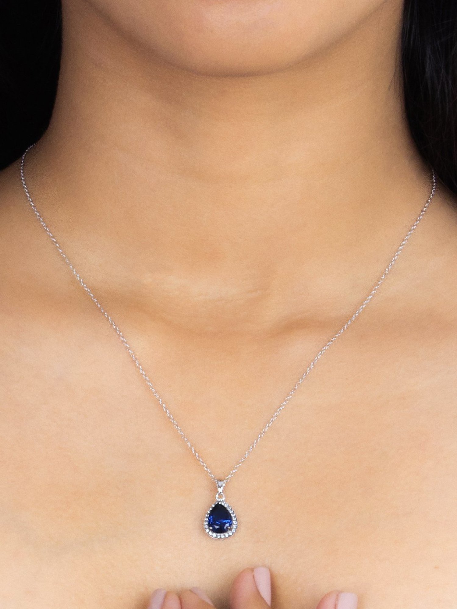 925 Silver Blue Sapphire and American Diamond Halo Pendant with 18-inch Chain for Women & Girls