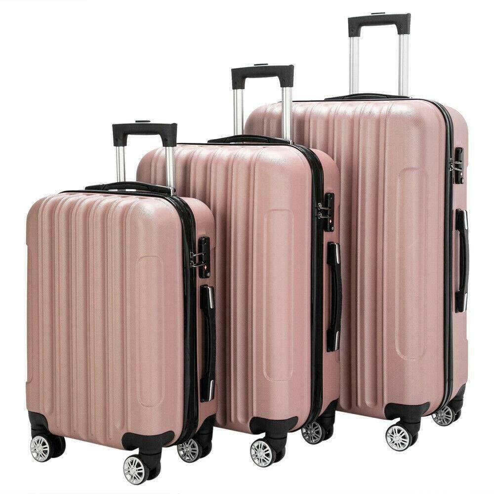 Lot3 Luggage Travel Set Bag ABS Trolley Hard Shell Suitcase w/TSA lock Rose Gold