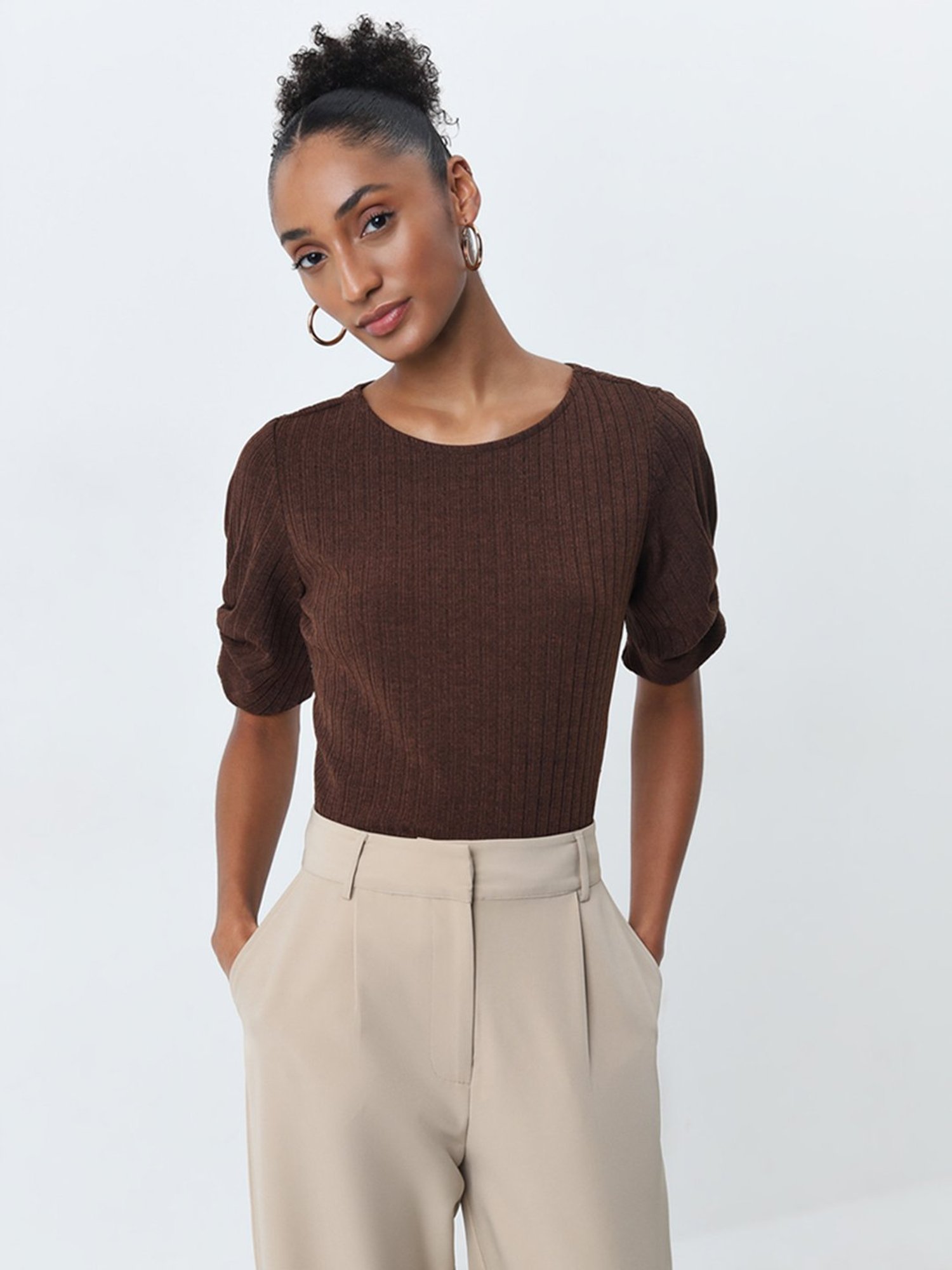 Wardrobe by Westside Brown Ribbed Textured Top