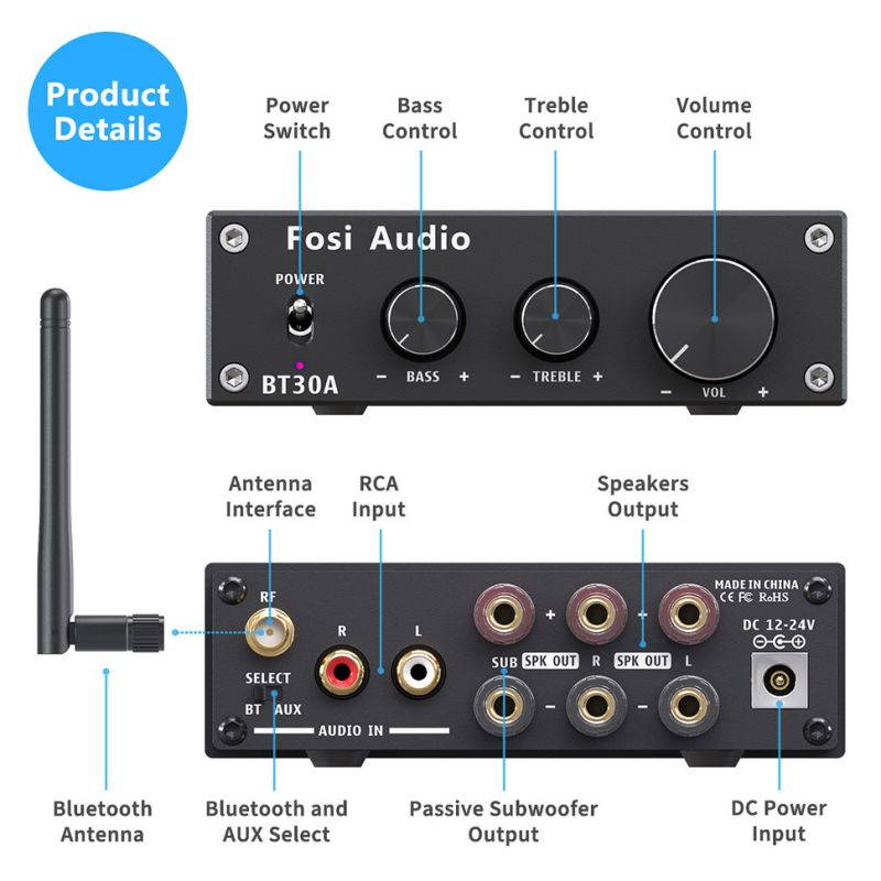 Bluetooth 5.0 aptX Stereo Audio Amplifier 2.1 Channel Receiver Class D Mini Hi-Fi Integrated Digital Wireless Amp with Bass & Treble Control 50W x2+100W x1 for Home Passive Speakers Subwoofer BT30A
