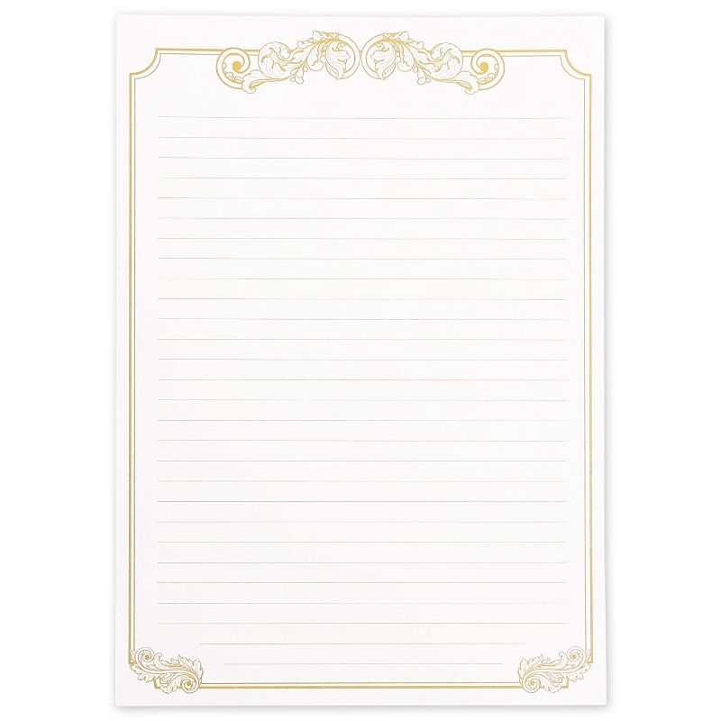 Paper Junkie 60-Pack Vintage Stationery Paper & Envelopes Letter Set, Classic Gold Foil Border Lined Paper, 8.5 x 11 inches
