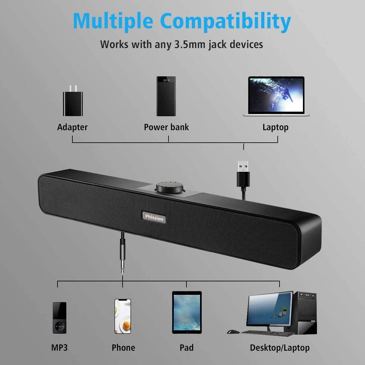 Soundbar,Computer Speakers with 2 Diaphragm USB Powered Speaker, 2.0 Stereo Speaker for Laptop Desktop PC Cellphone Laptop Game Console, Plug and Play, Black Glossy (Upgrade)