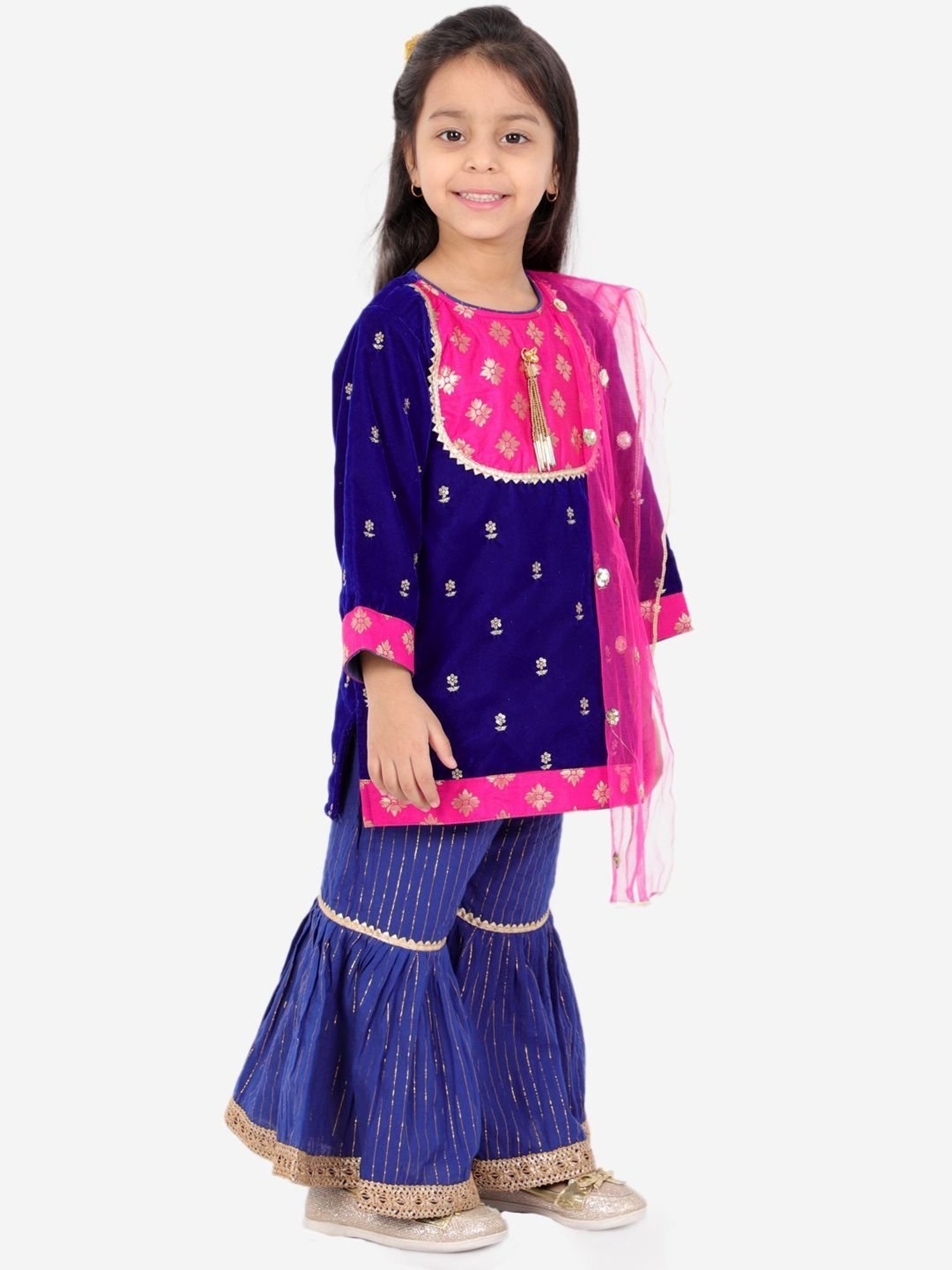 Little Bansi Kids Blue & Rani Embroidered Suit Set