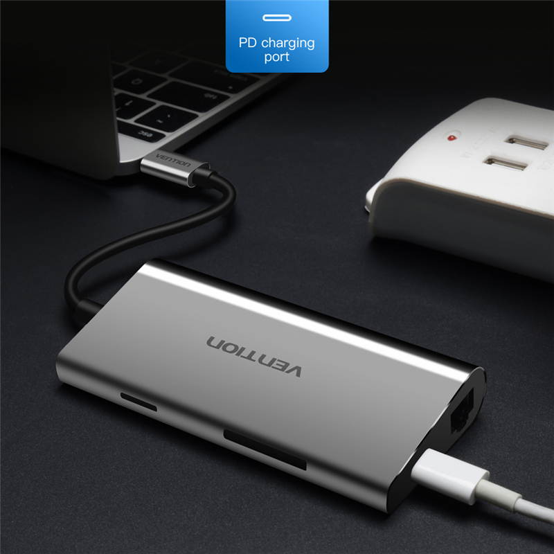 Vention 10 in 1 Type C Docking Station ,USB C Adapter with 4K HDMI, VGA,1000M Ethernet RJ45,3*USB3.0,100W PD 3.0,SD&TF Card Reader ,3.5mm Aux Compatible for MacBook Air Pro,and more USB-C Laptops