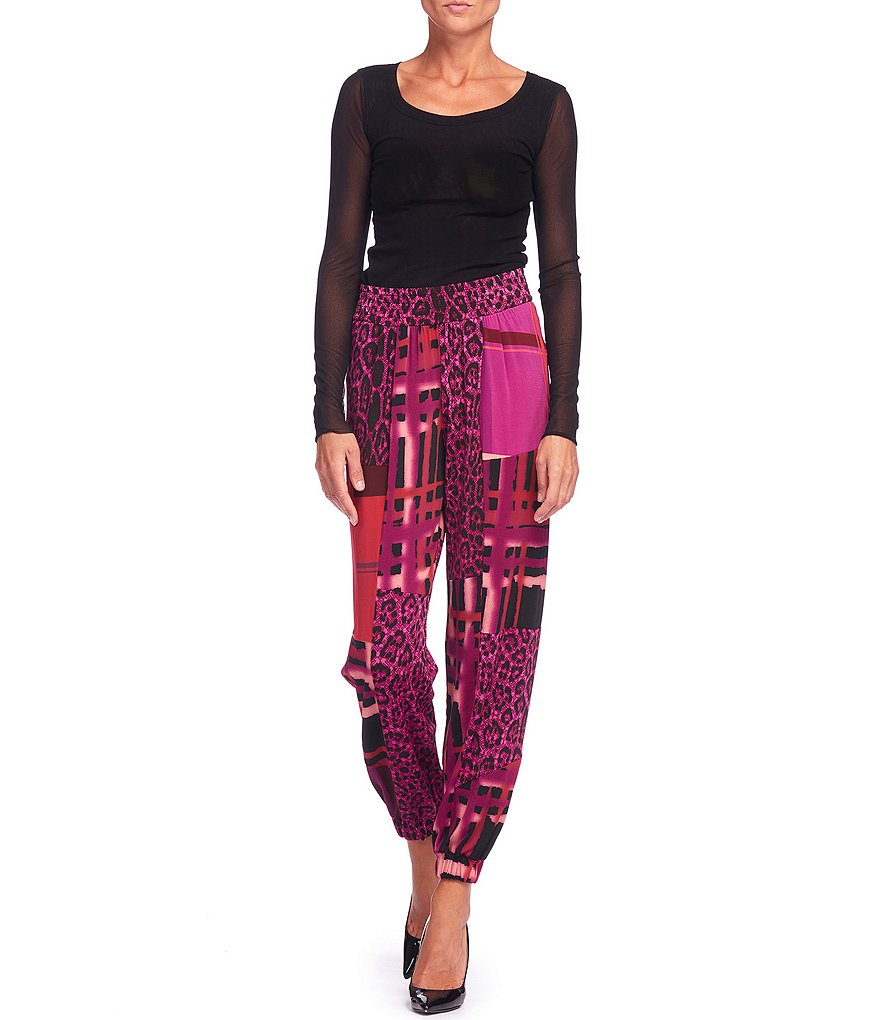 FUZZI Pieced Mixed Print Knit Jersey Straight Leg Joggers