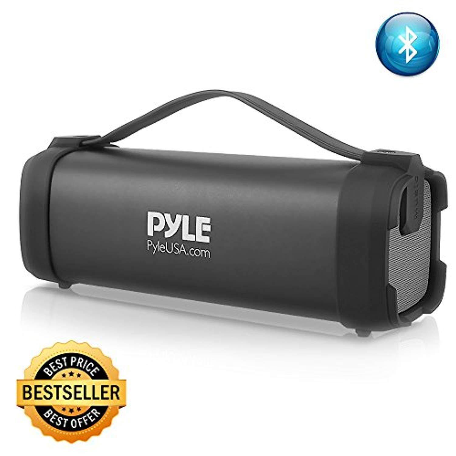 pyle wireless portable bluetooth speaker  100 watt power rugged compact audio sound box stereo system with builtin rechargeable battery, 3.5mm aux input jack, fm radio, mp3 and usb reader  pbmsqg5