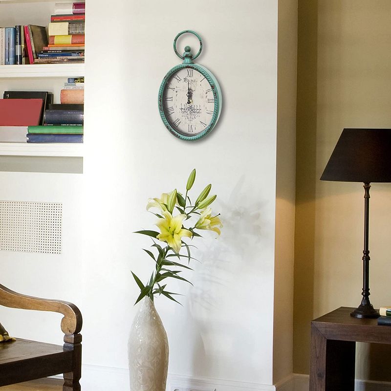 Stratton Home Decor Lightweight Rustic Antique Hand Painted Farmhouse Vintage Vertical Mounted Hanging Analog Oval Wall Clock w/ Roman Numerals, Teal