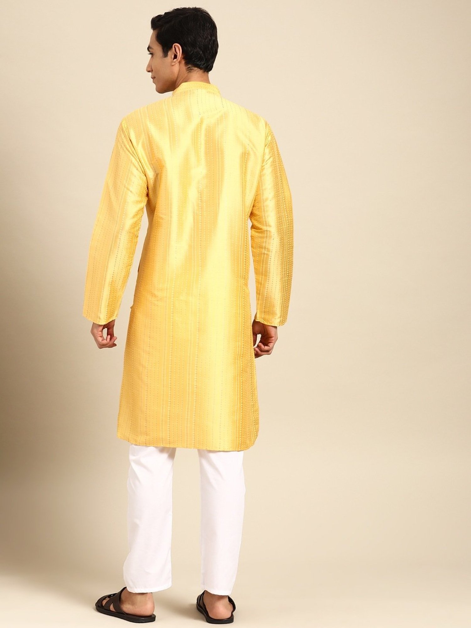 ManQ Yellow & White Regular Fit Printed Kurta Bottom Set