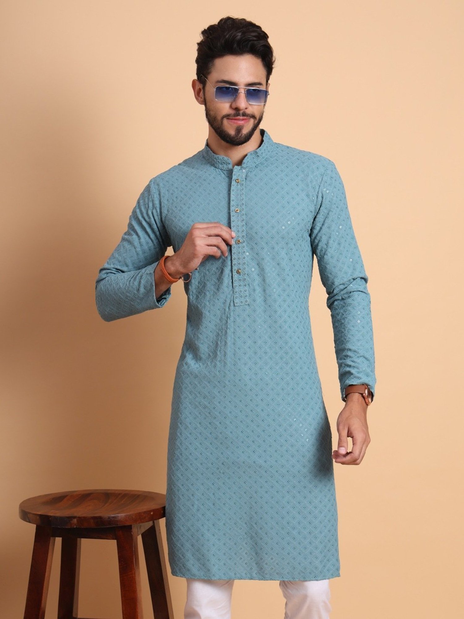 SWAGG INDIA Light Blue Regular Fit Embroidered Kurta
