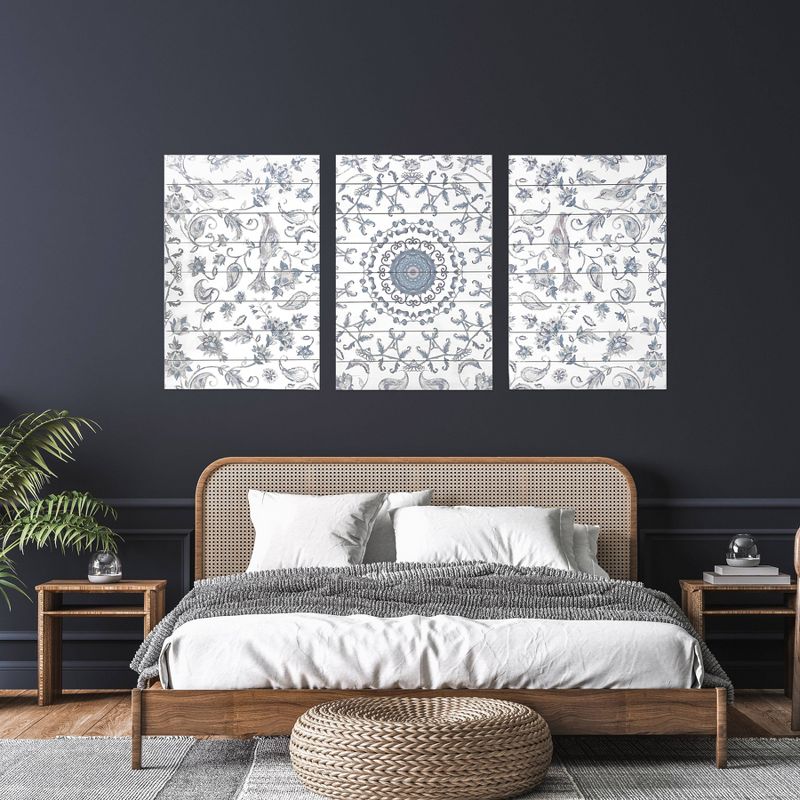 48" x 24" Chinoiserie Pattern Triptych Print on Planked Wood Wall Sign Panel Gray - Gallery 57