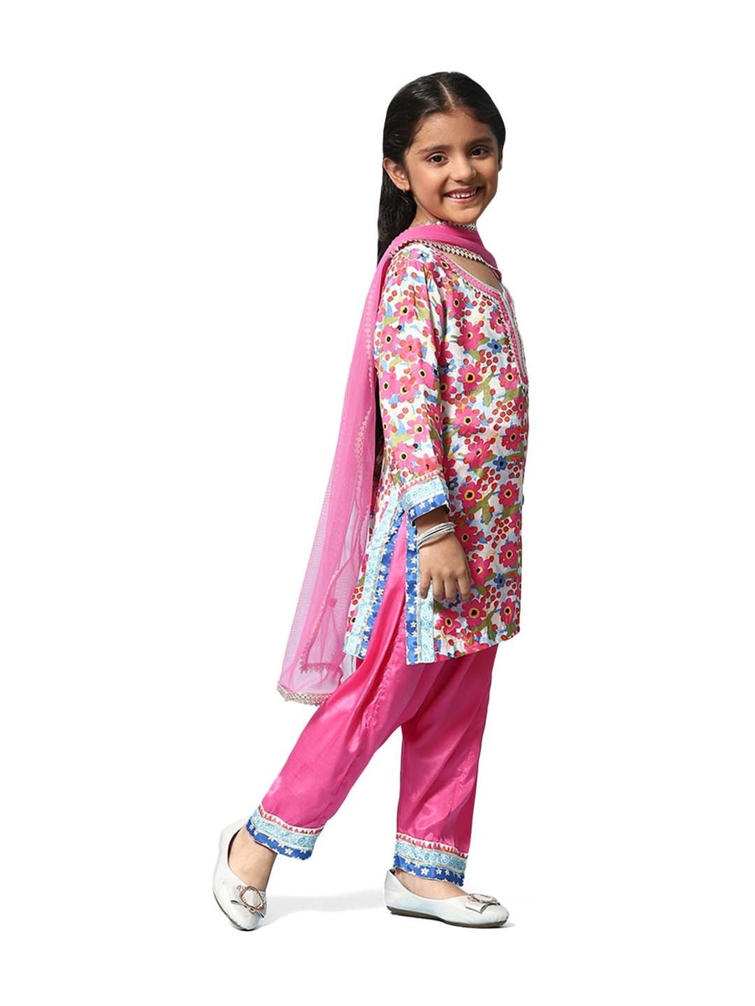 BIBA Girls Pink Floral Print Full Sleeves Kurta Set