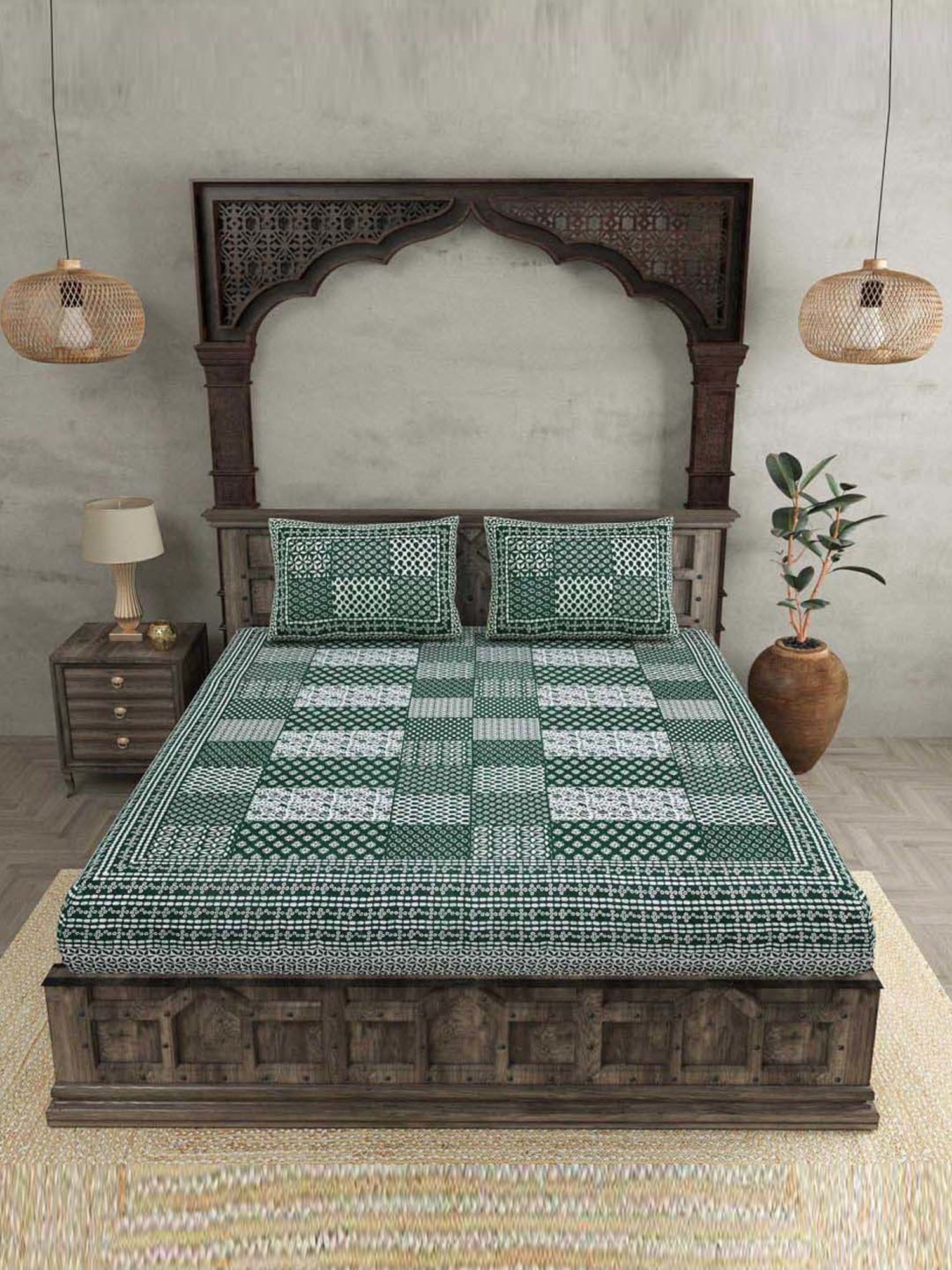 JaipurFabric Dark Green Cotton 180 TC Double Bedsheet with 2 Pillow Covers