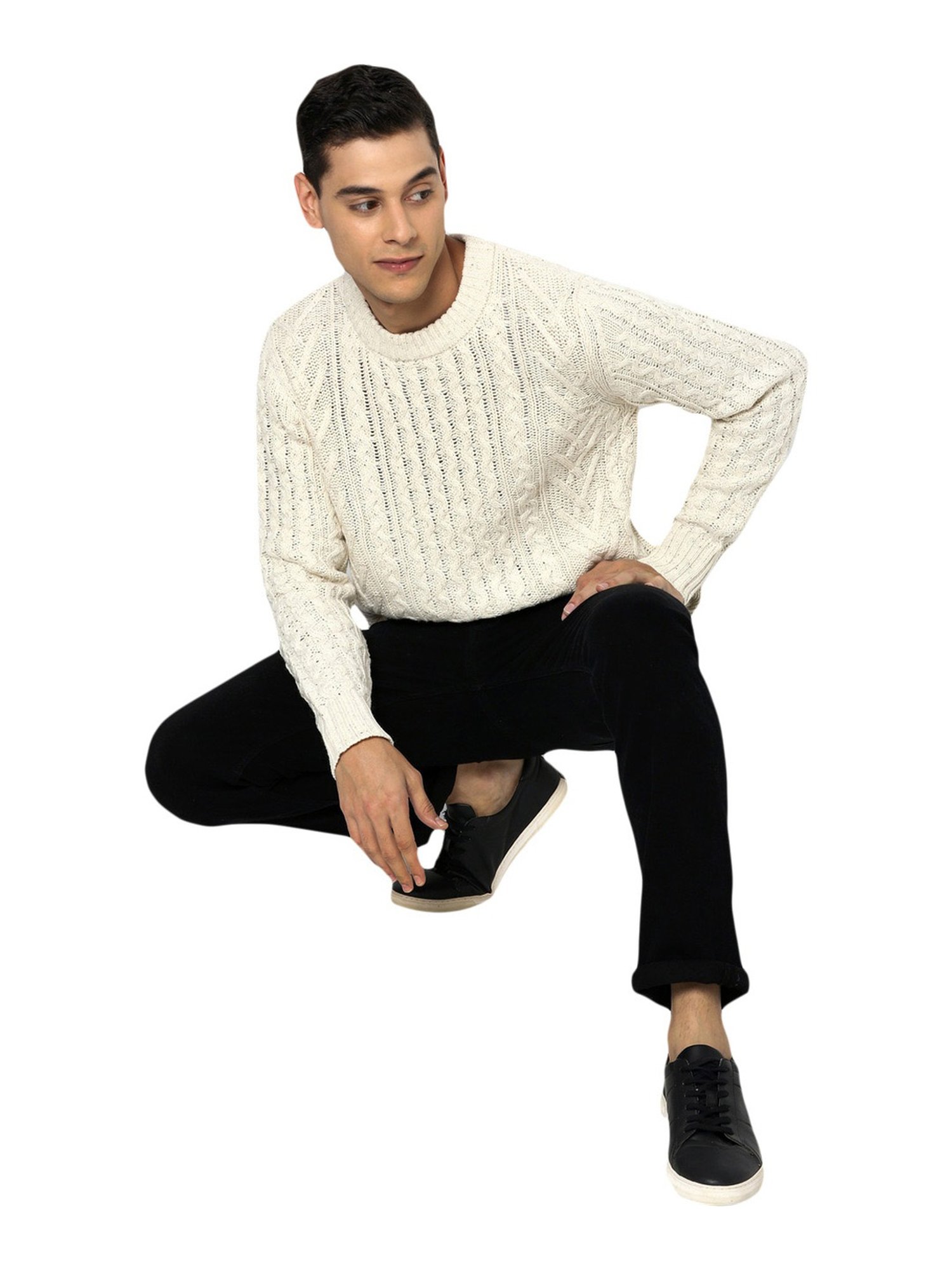 American Eagle Outfitters Cream Regular Fit Self Pattern Sweater