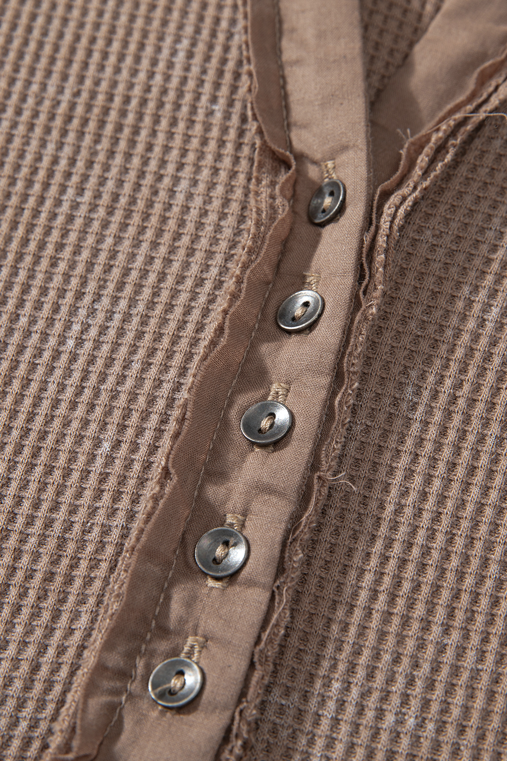 Coffee Button V Neck Waffle Knit Top