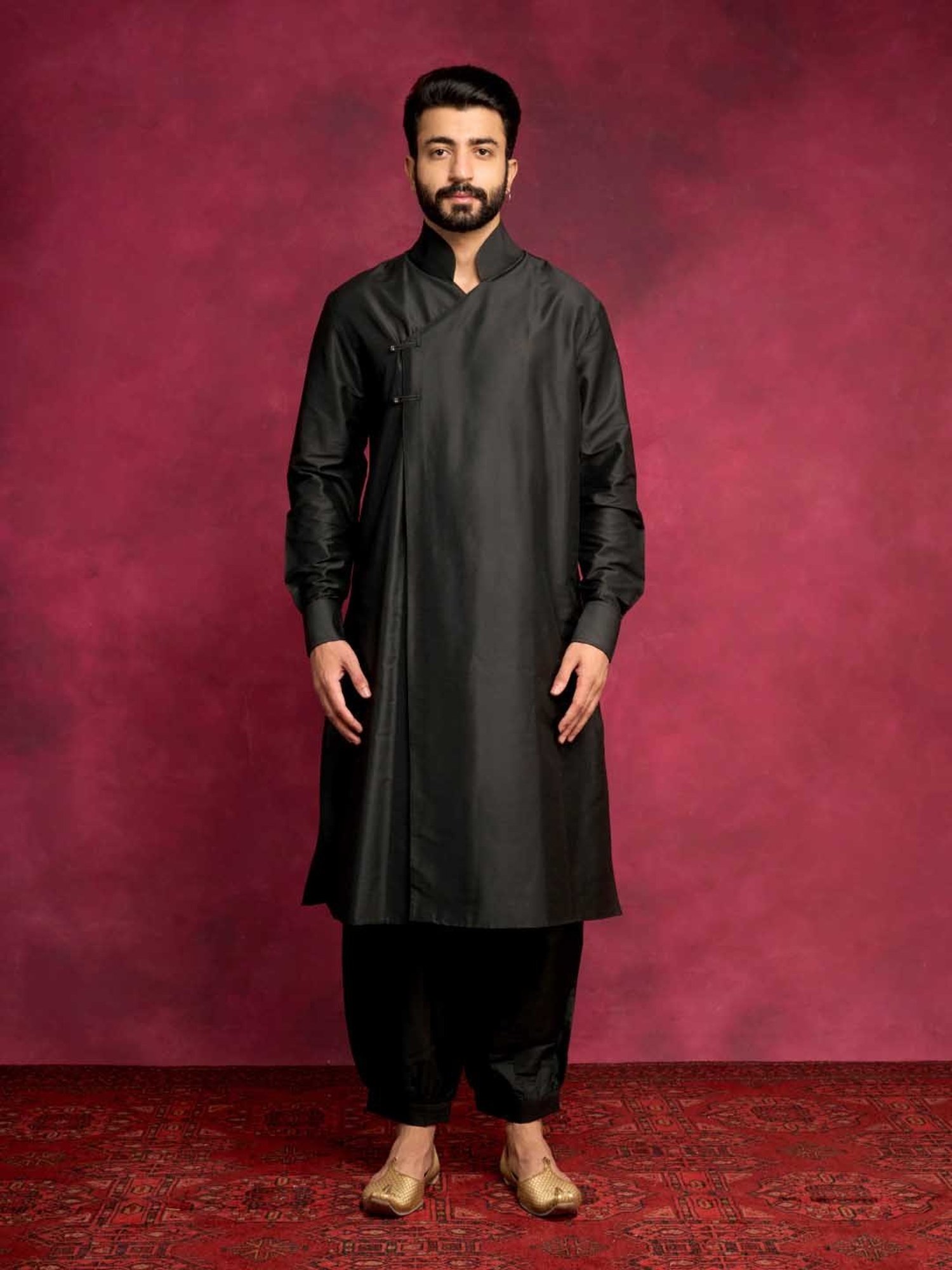 Abhishti Black Straight Fit Overlap Asymmetrical Kurta & Pathani Pants Set